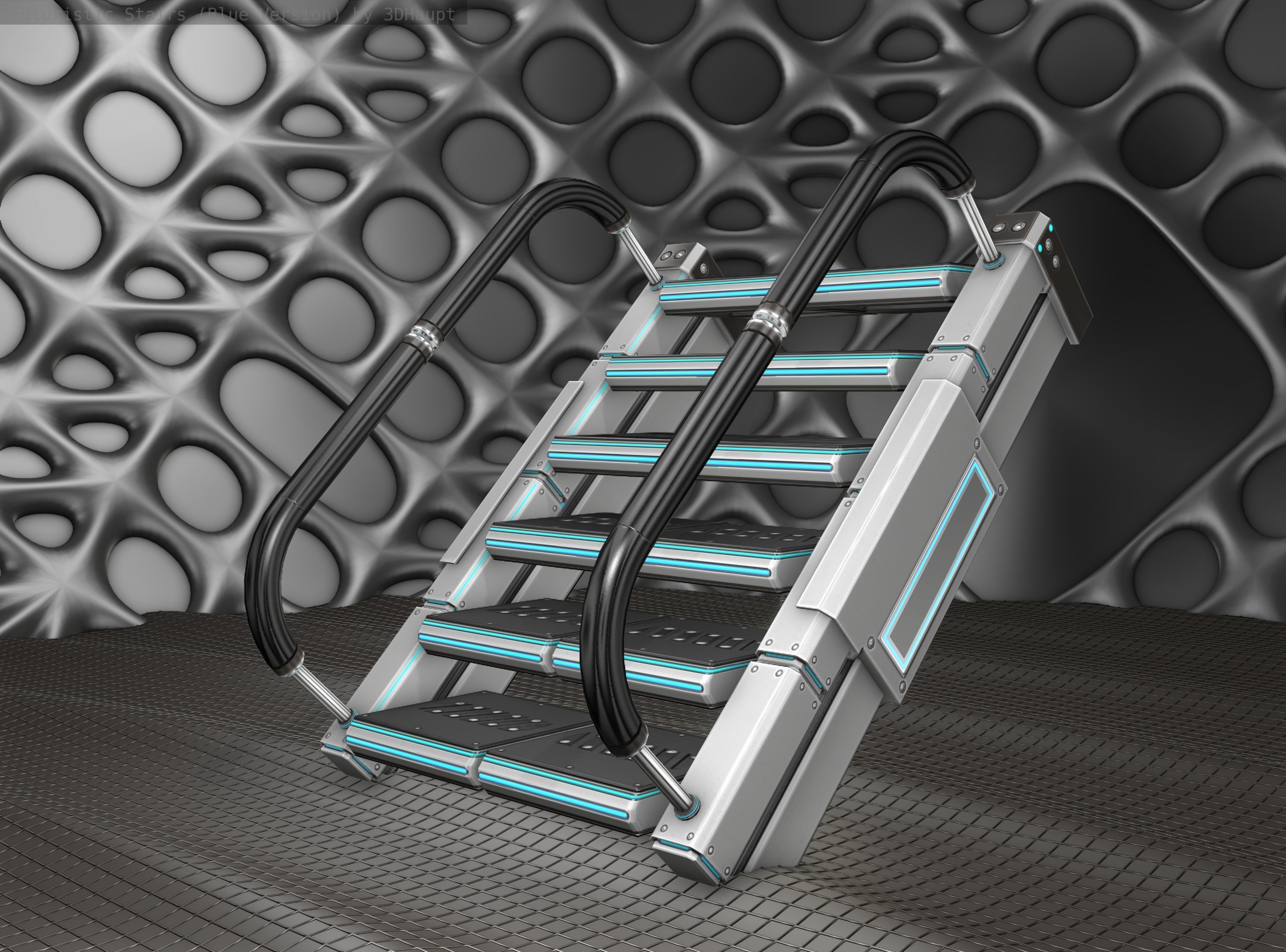 Sci-Fi Stairs - 6 - Silver Blue Neon Light Version Low-poly 3D model_9