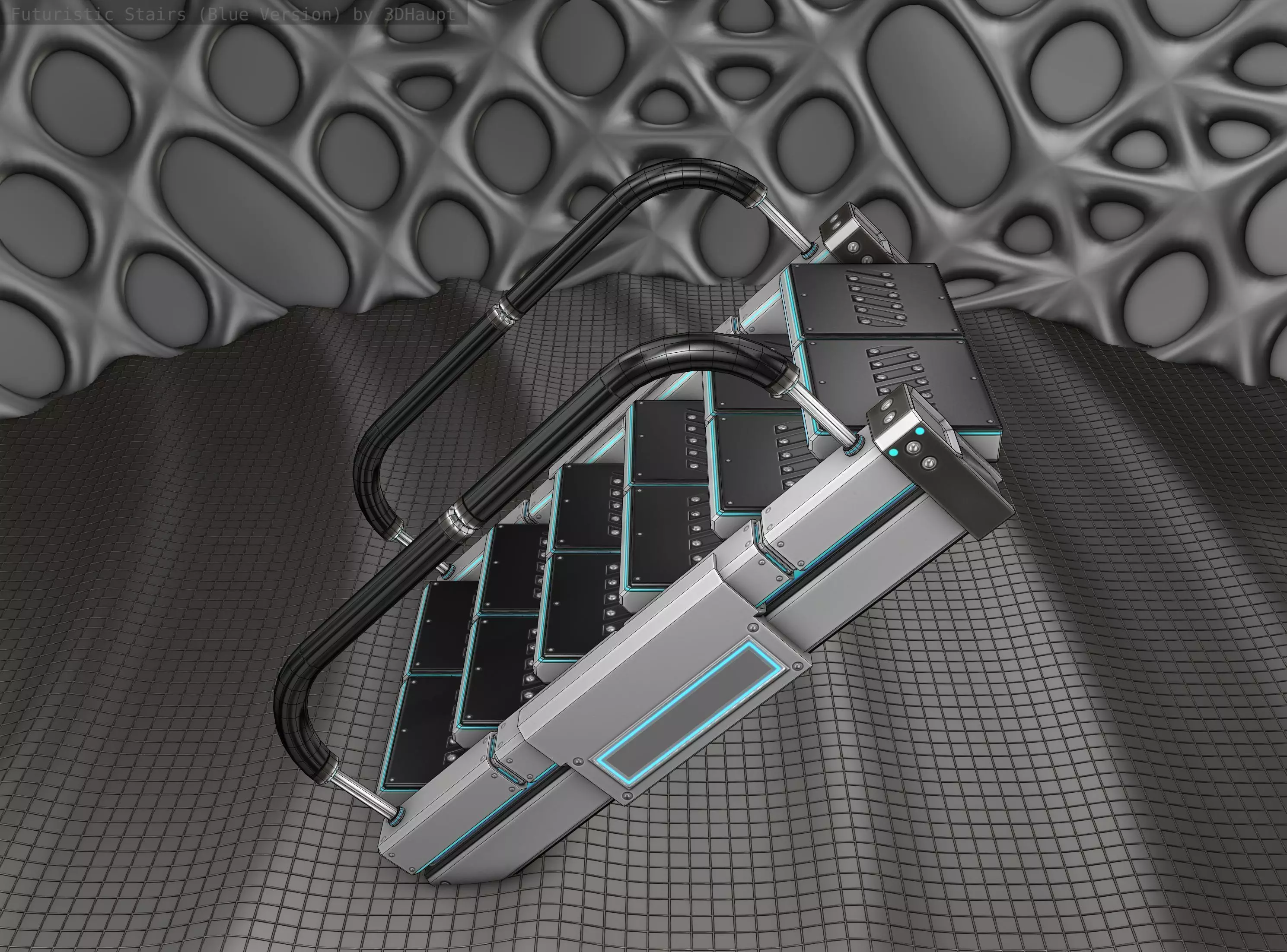 Sci-Fi Stairs - 6 - Silver Blue Neon Light Version Low-poly 3D model_0