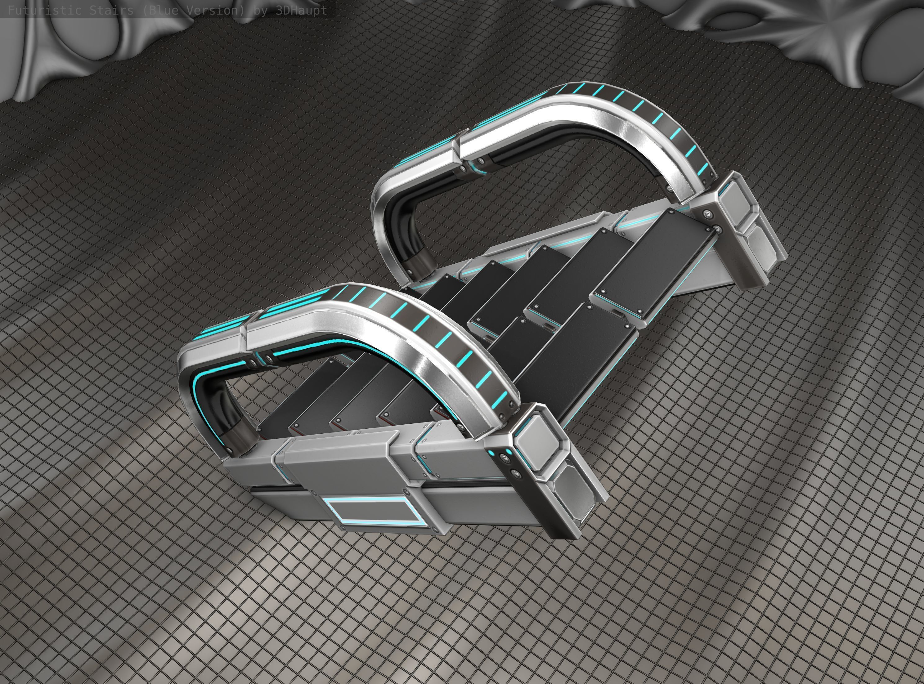 Sci-Fi Stairs - 10 - Silver Blue Neon Light Version Low-poly 3D model_17