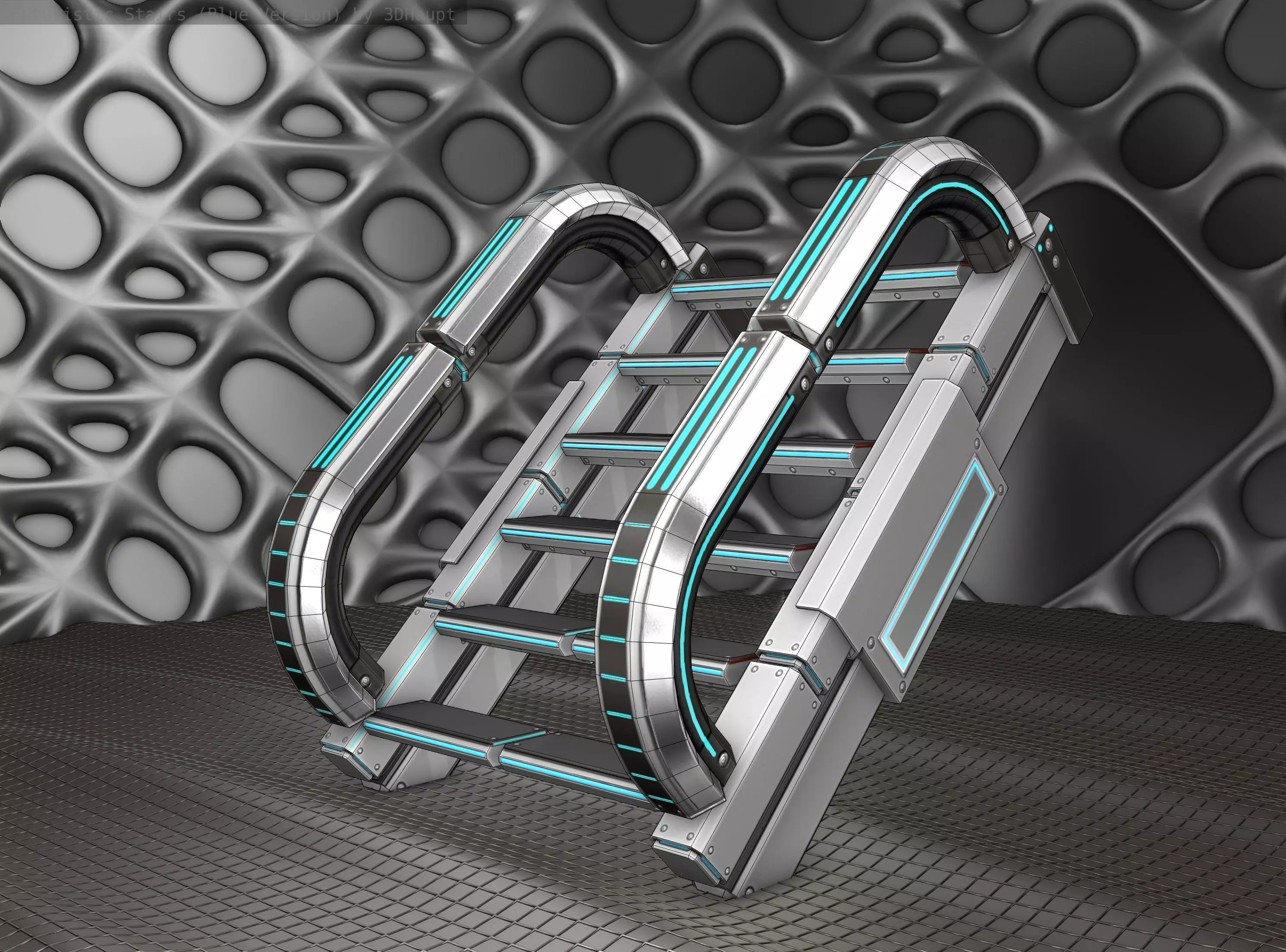 Sci-Fi Stairs - 10 - Silver Blue Neon Light Version Low-poly 3D model_0