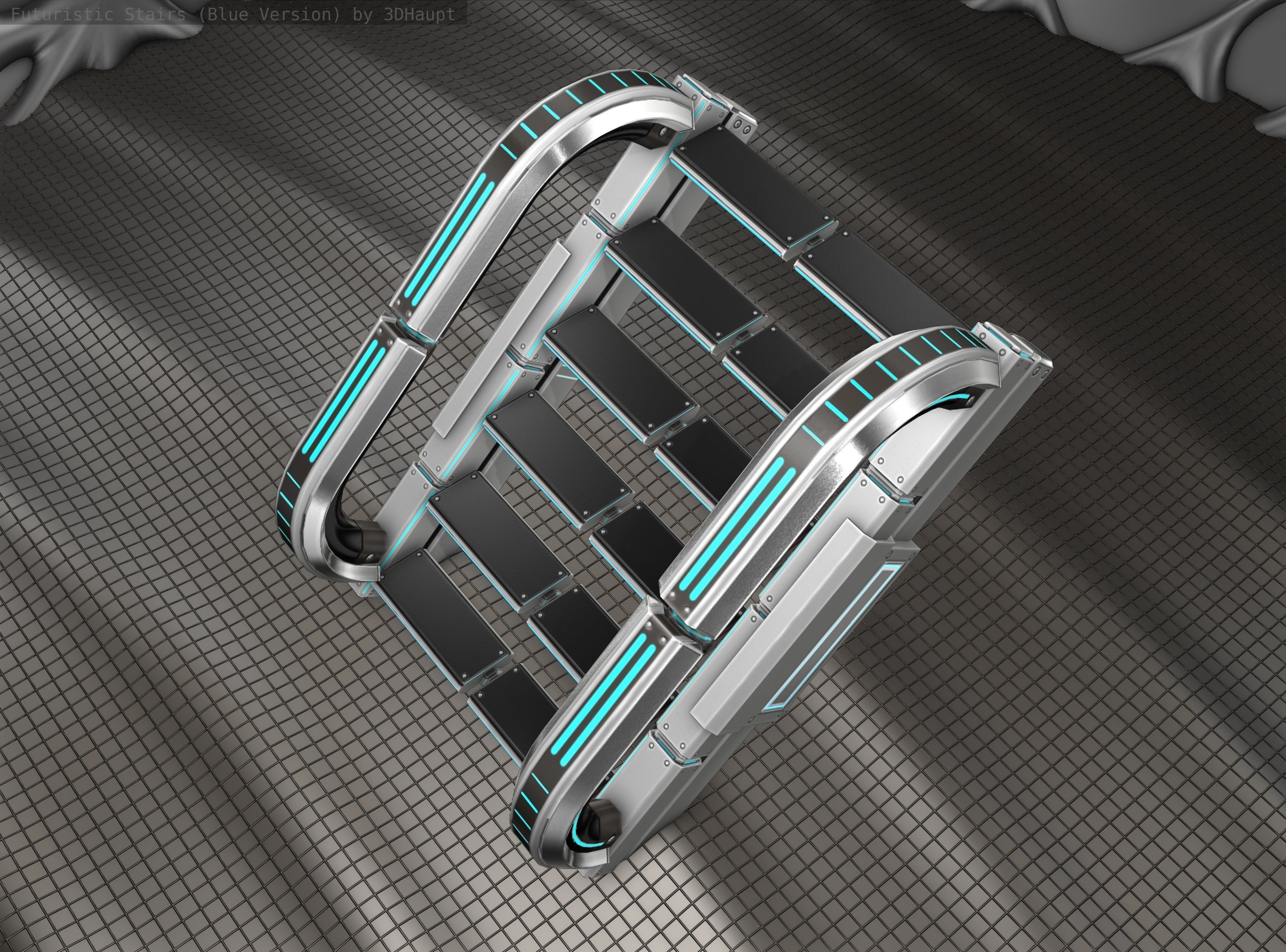 Sci-Fi Stairs - 11 - Silver Blue Neon Light Version Low-poly 3D model_16