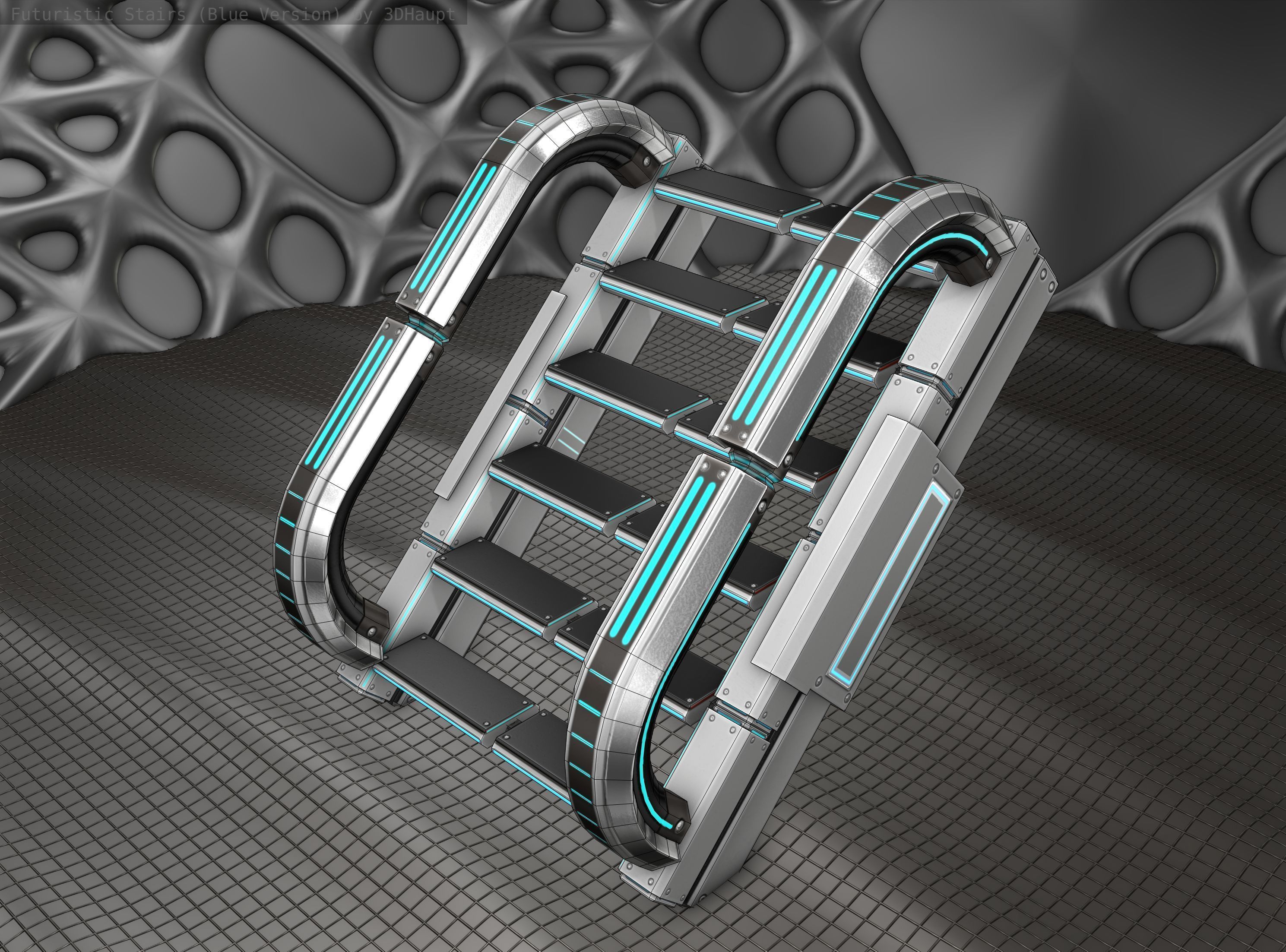Sci-Fi Stairs - 11 - Silver Blue Neon Light Version Low-poly 3D model_8