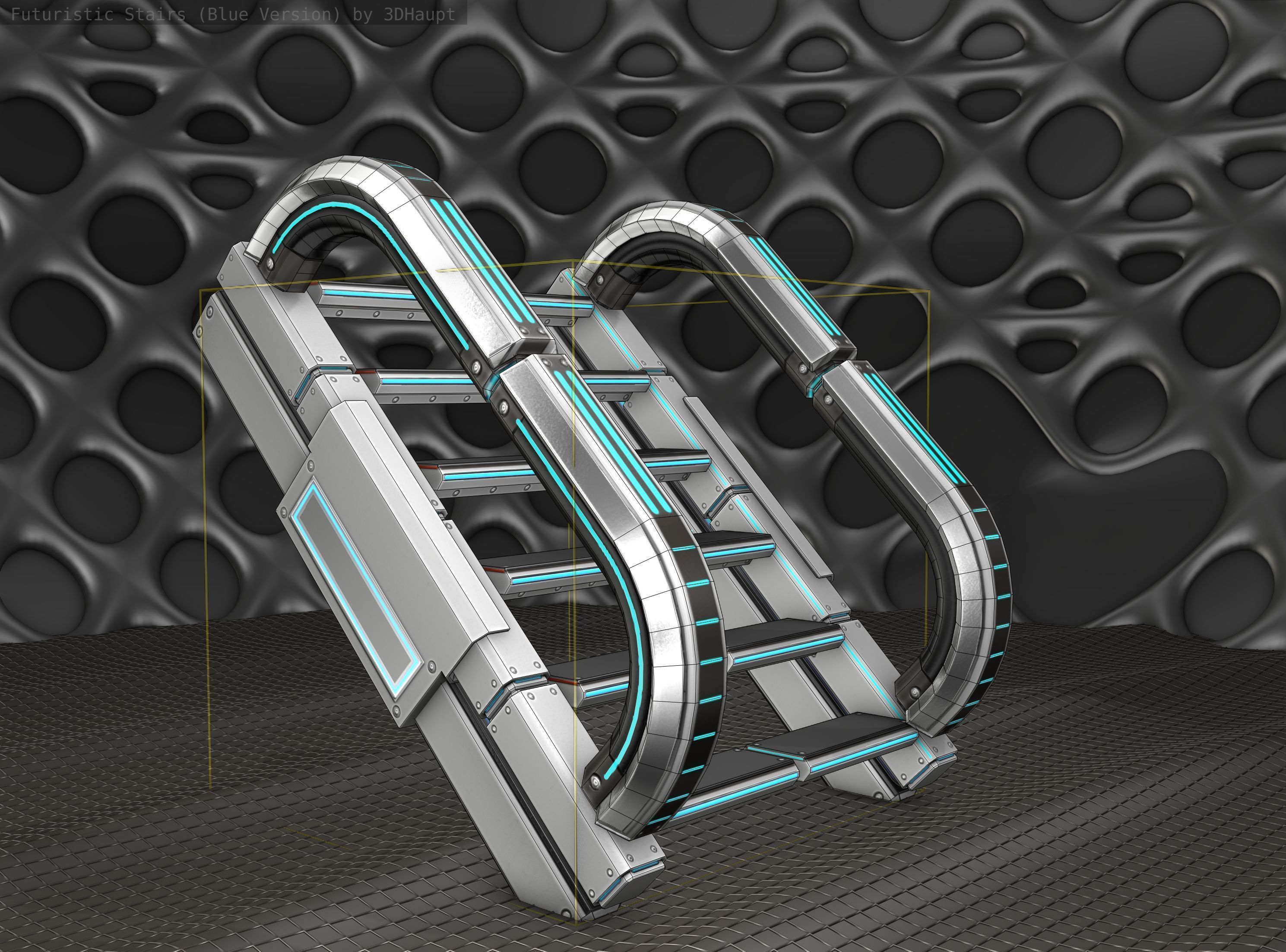 Sci-Fi Stairs - 11 - Silver Blue Neon Light Version Low-poly 3D model_13