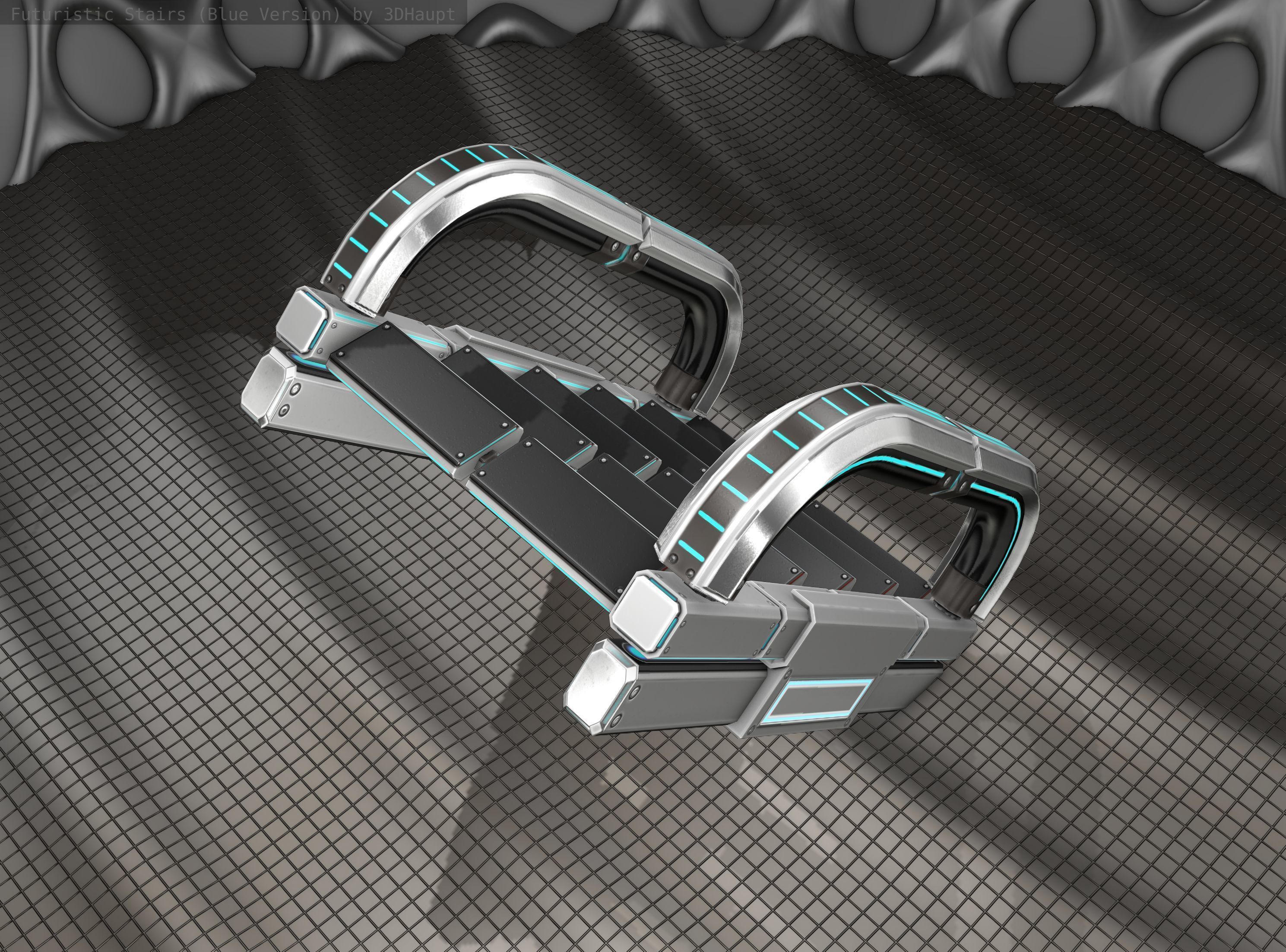 Sci-Fi Stairs - 11 - Silver Blue Neon Light Version Low-poly 3D model_18