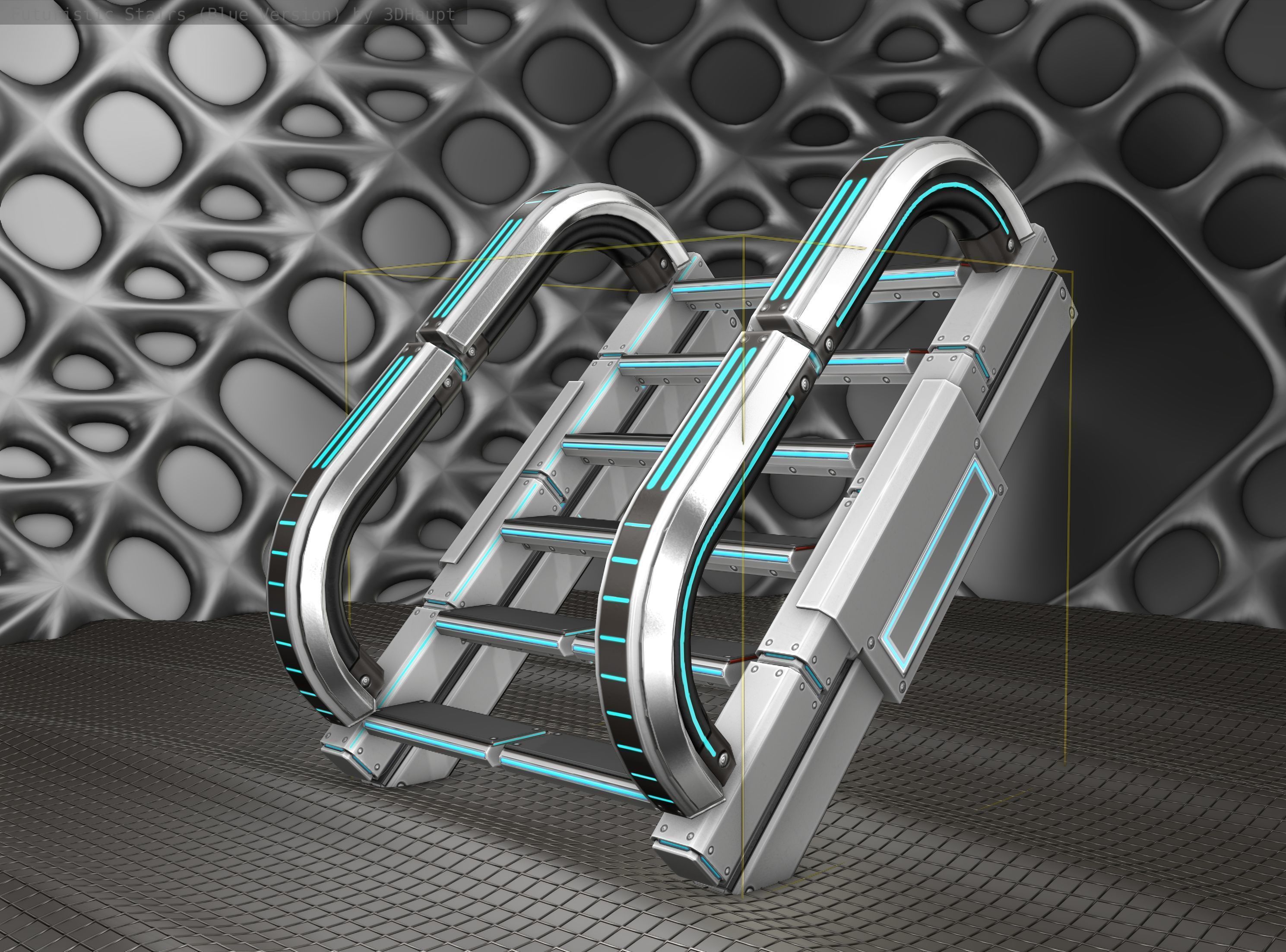 Sci-Fi Stairs - 11 - Silver Blue Neon Light Version Low-poly 3D model_9