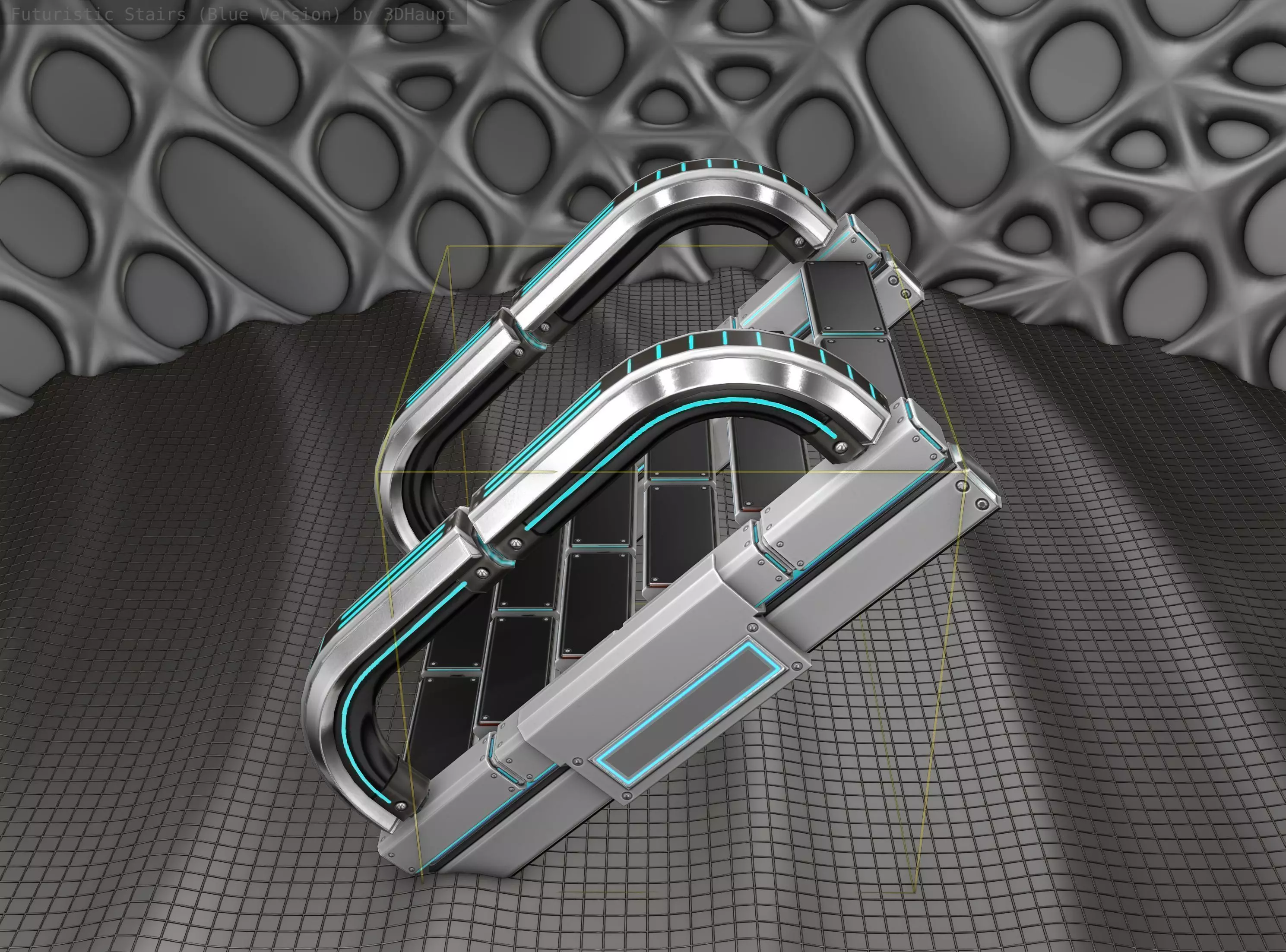 Sci-Fi Stairs - 11 - Silver Blue Neon Light Version Low-poly 3D model_0