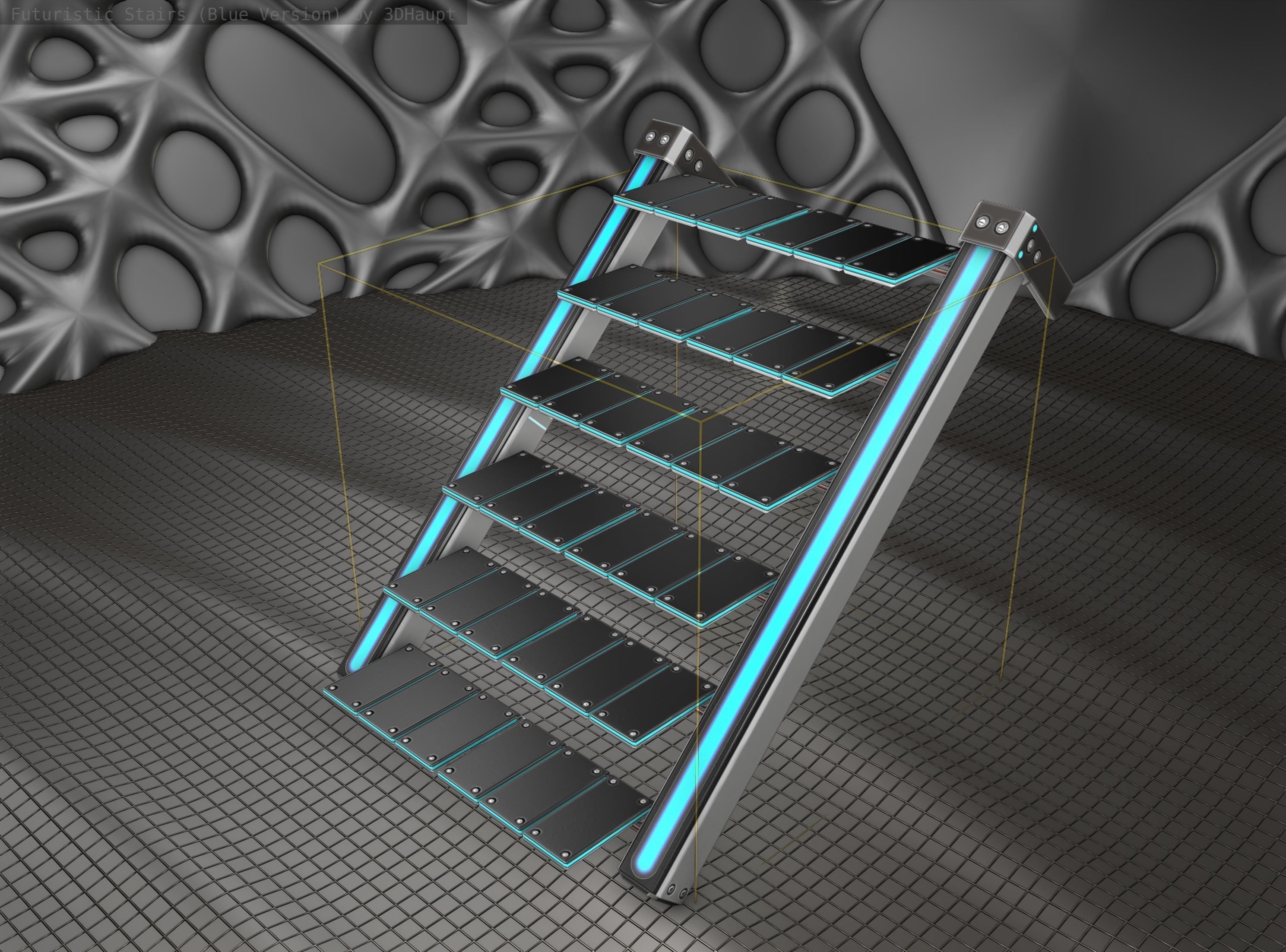 Sci-Fi Stairs - 14 - Silver Blue Neon Light Version Low-poly 3D model_9