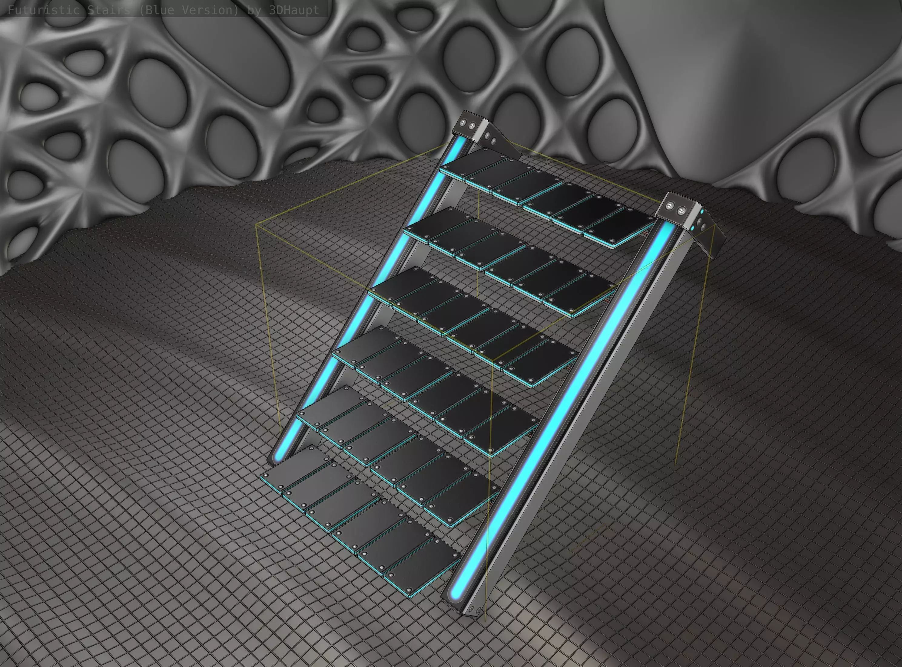 Sci-Fi Stairs - 14 - Silver Blue Neon Light Version Low-poly 3D model_0