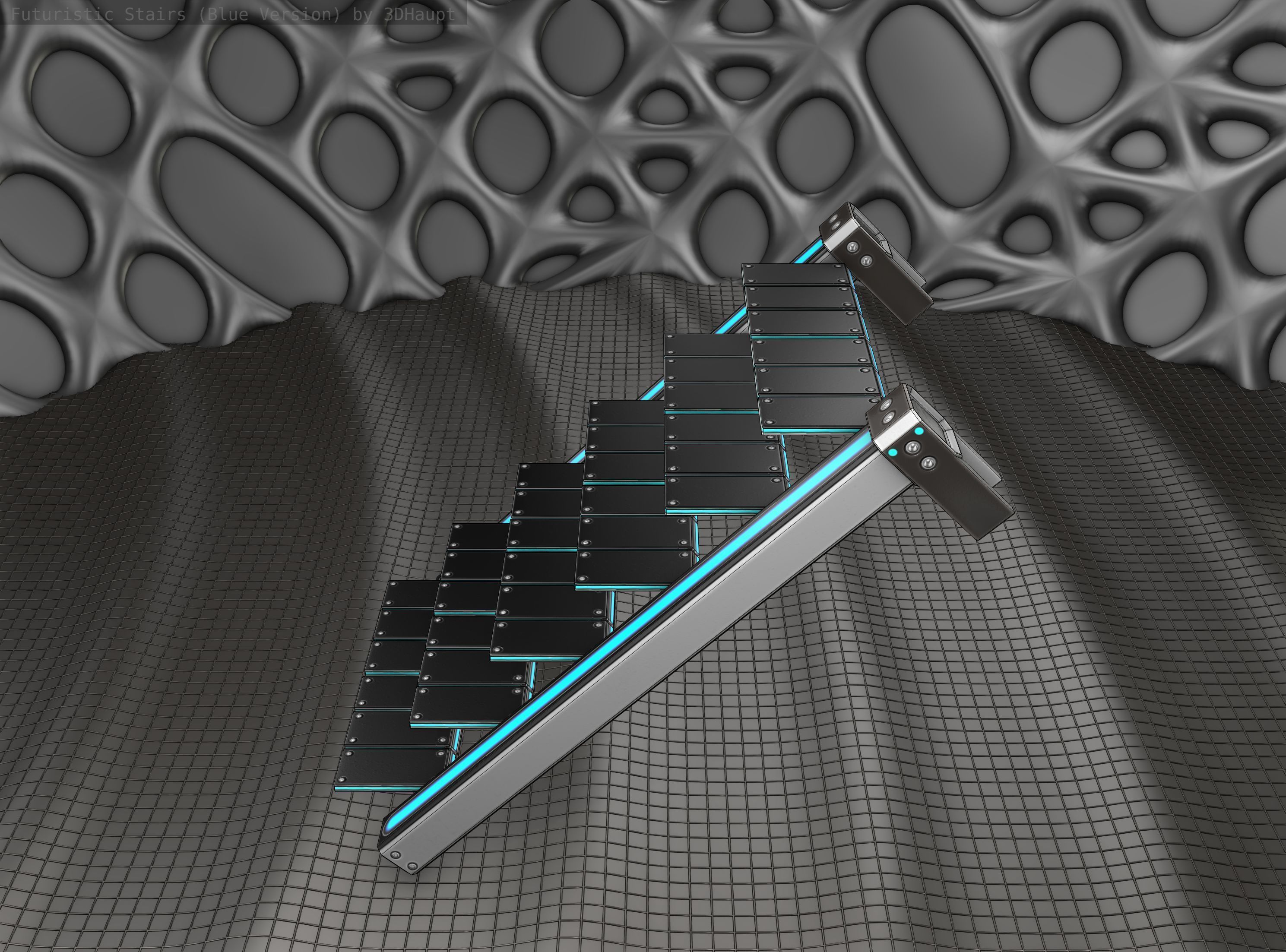 Sci-Fi Stairs - 14 - Silver Blue Neon Light Version Low-poly 3D model_2