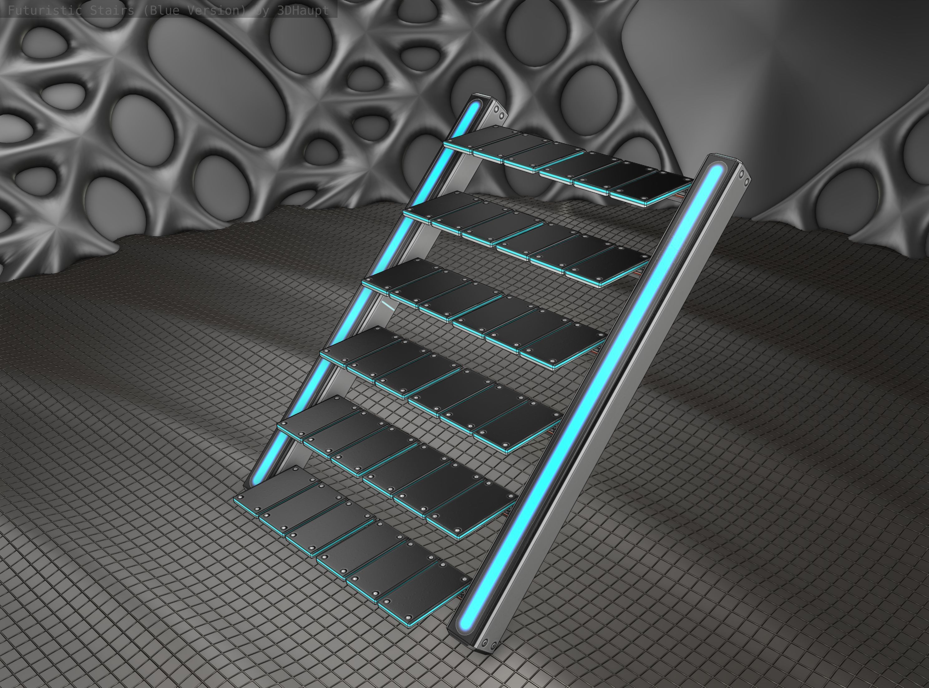 Sci-Fi Stairs - 15 - Silver Blue Neon Light Version Low-poly 3D model_9