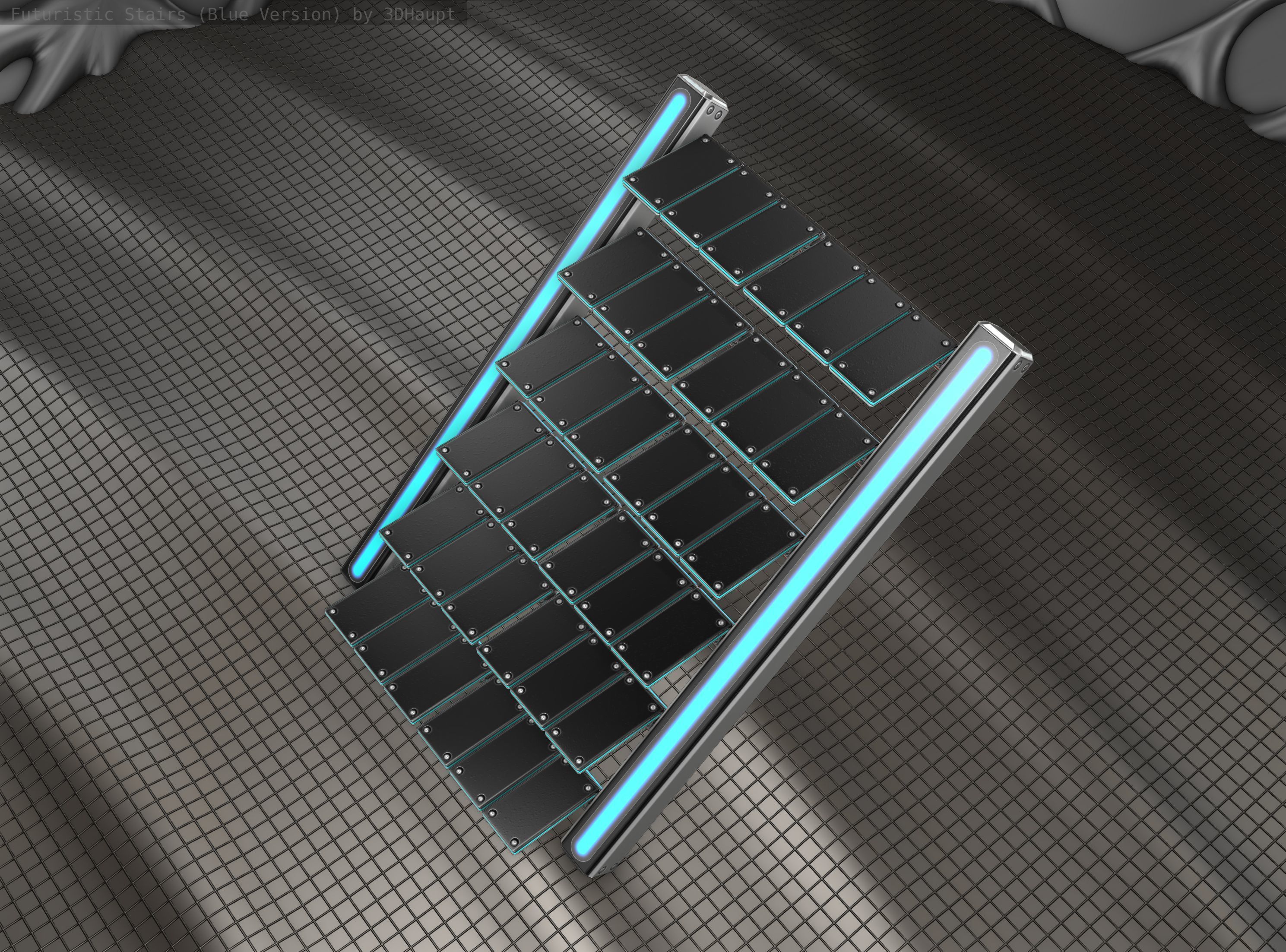 Sci-Fi Stairs - 15 - Silver Blue Neon Light Version Low-poly 3D model_17