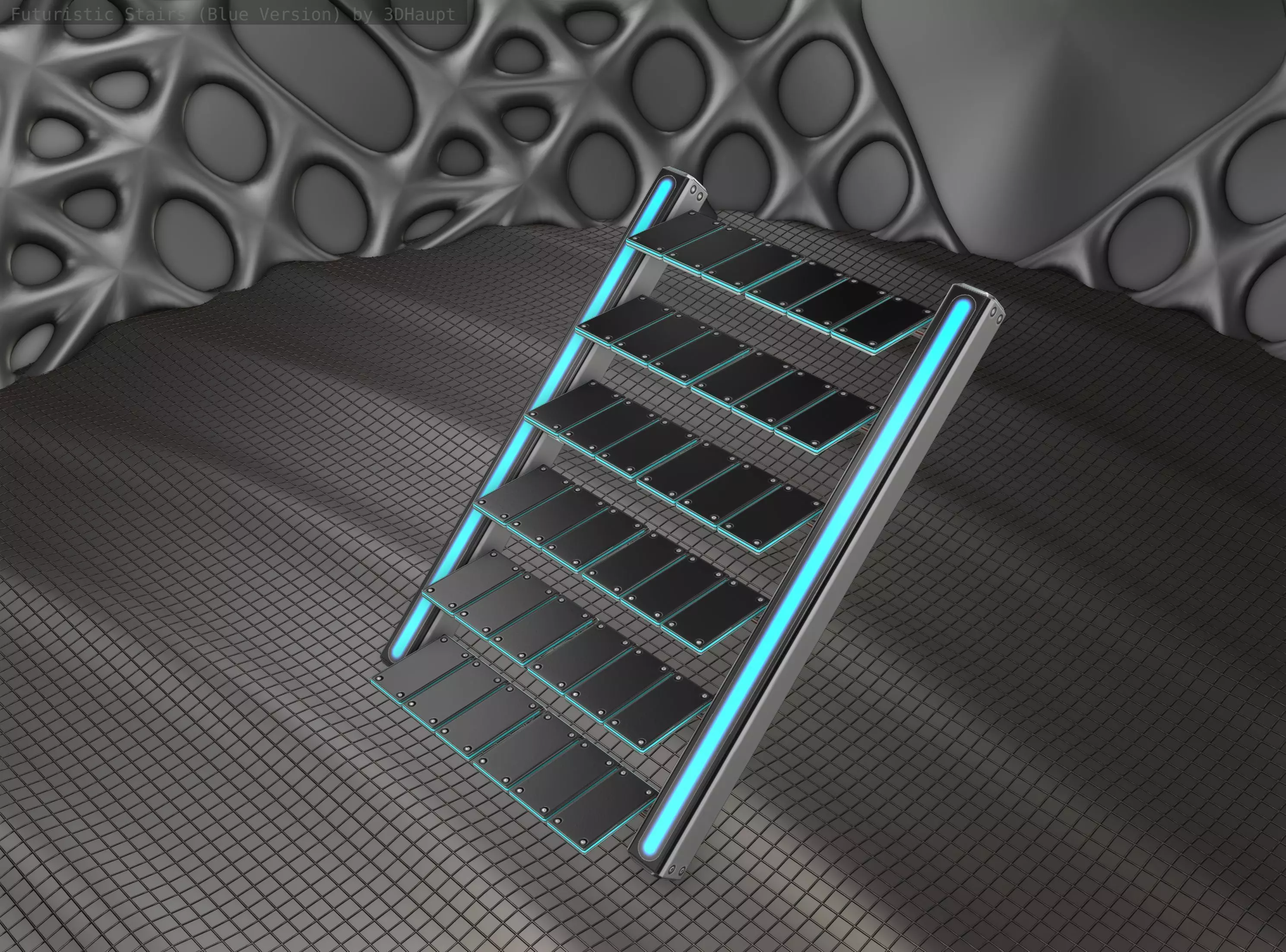 Sci-Fi Stairs - 15 - Silver Blue Neon Light Version Low-poly 3D model_0