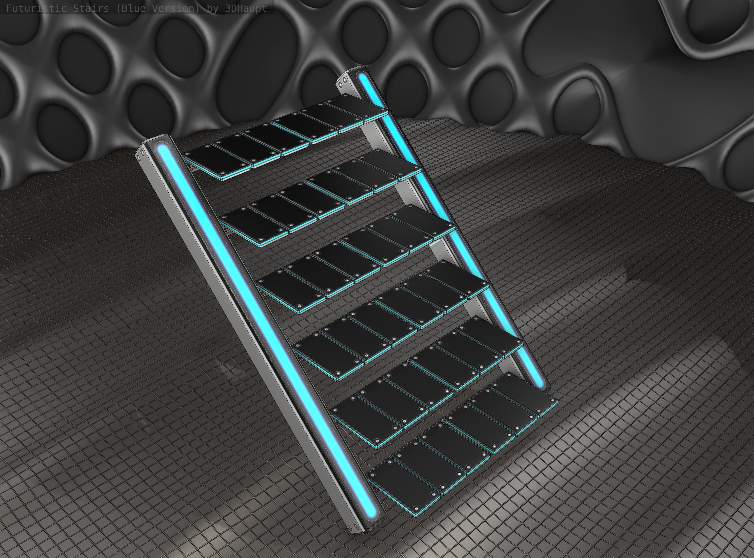 Sci-Fi Stairs - 15 - Silver Blue Neon Light Version Low-poly 3D model_7