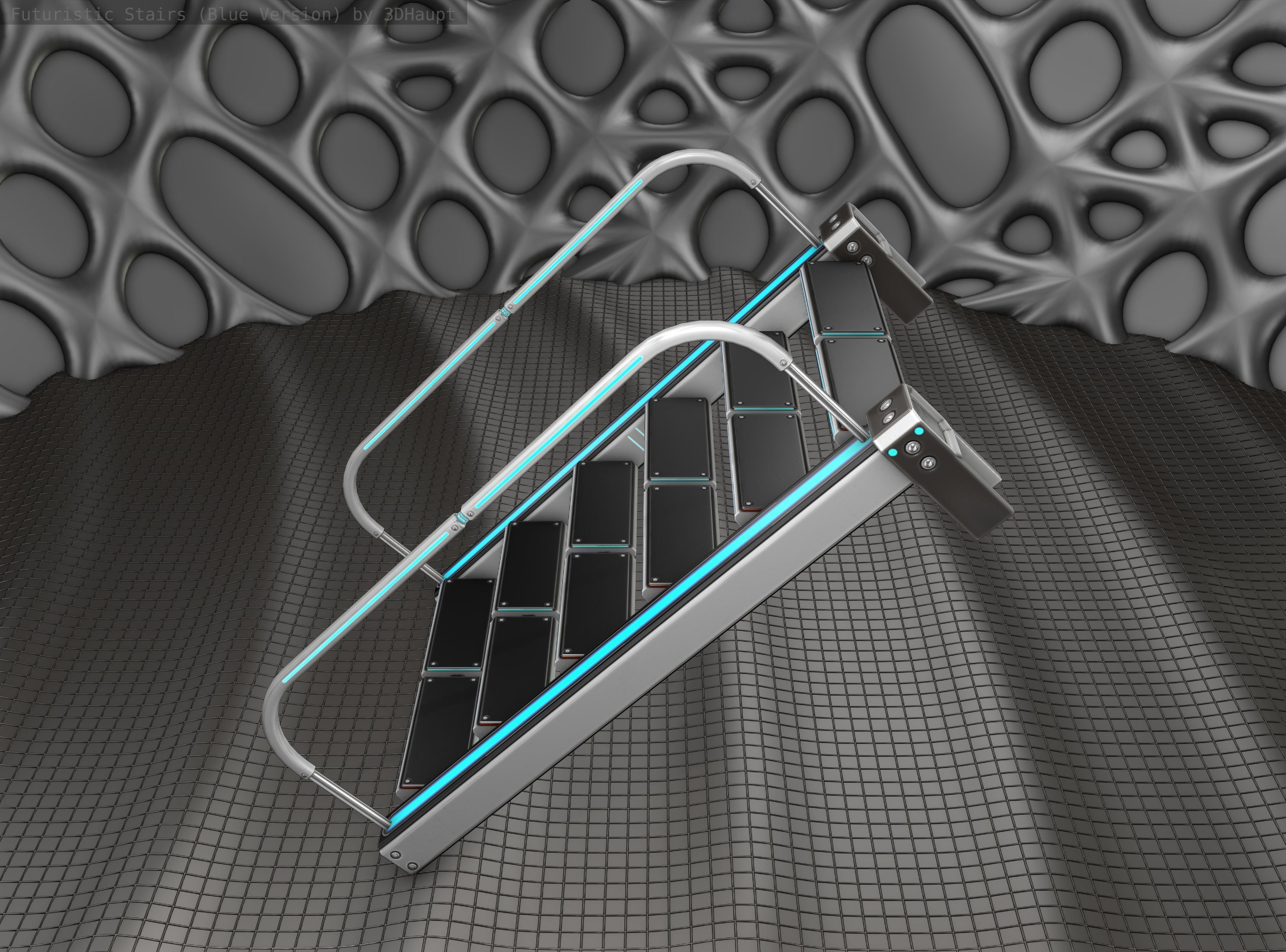 Sci-Fi Stairs - 18- Silver Blue Neon Light Version Low-poly 3D model_2