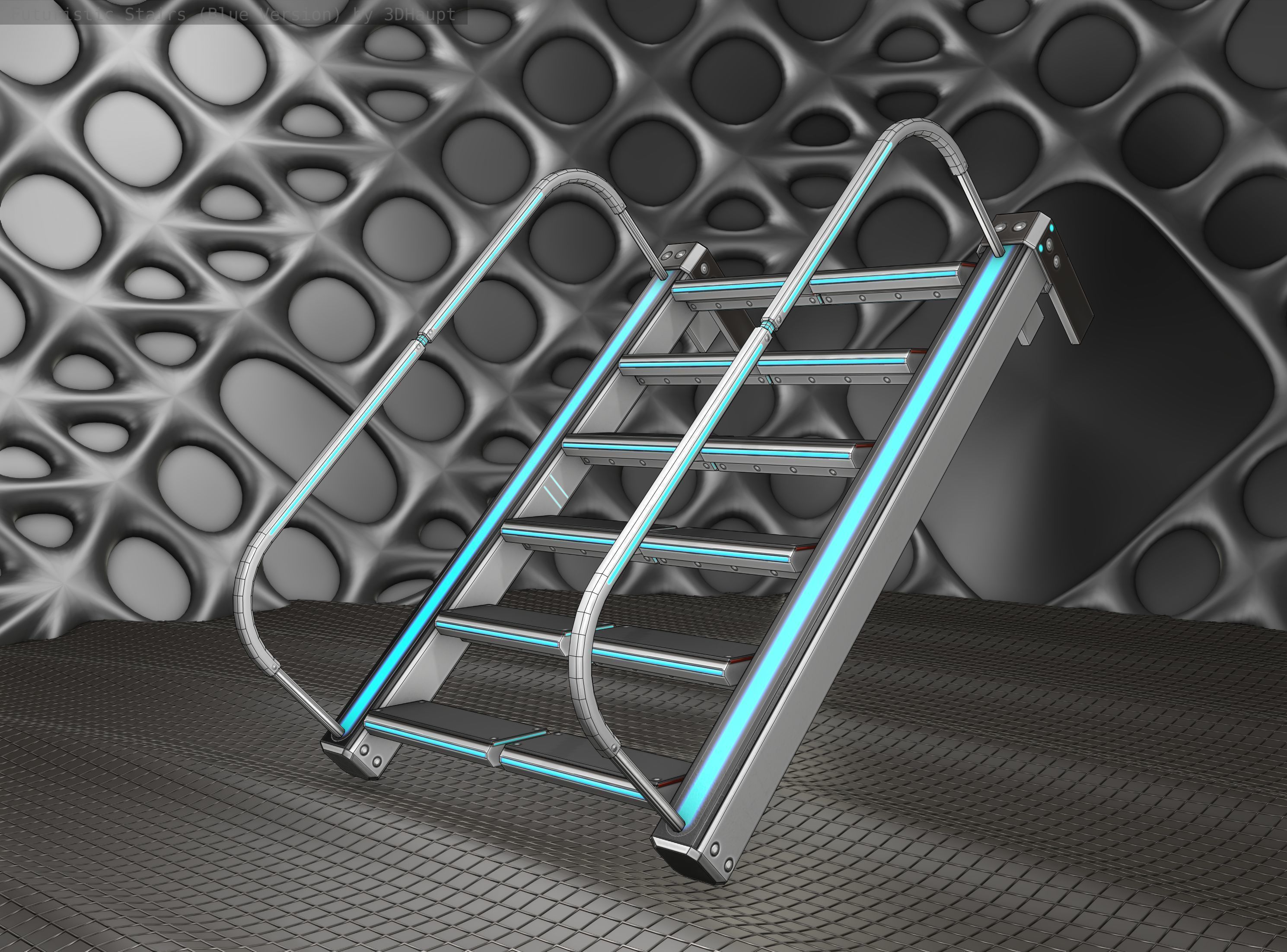 Sci-Fi Stairs - 18- Silver Blue Neon Light Version Low-poly 3D model_10
