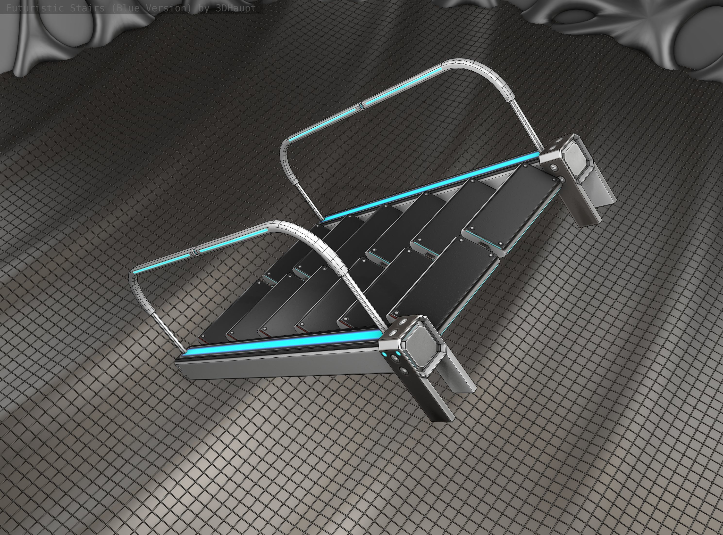 Sci-Fi Stairs - 18- Silver Blue Neon Light Version Low-poly 3D model_18