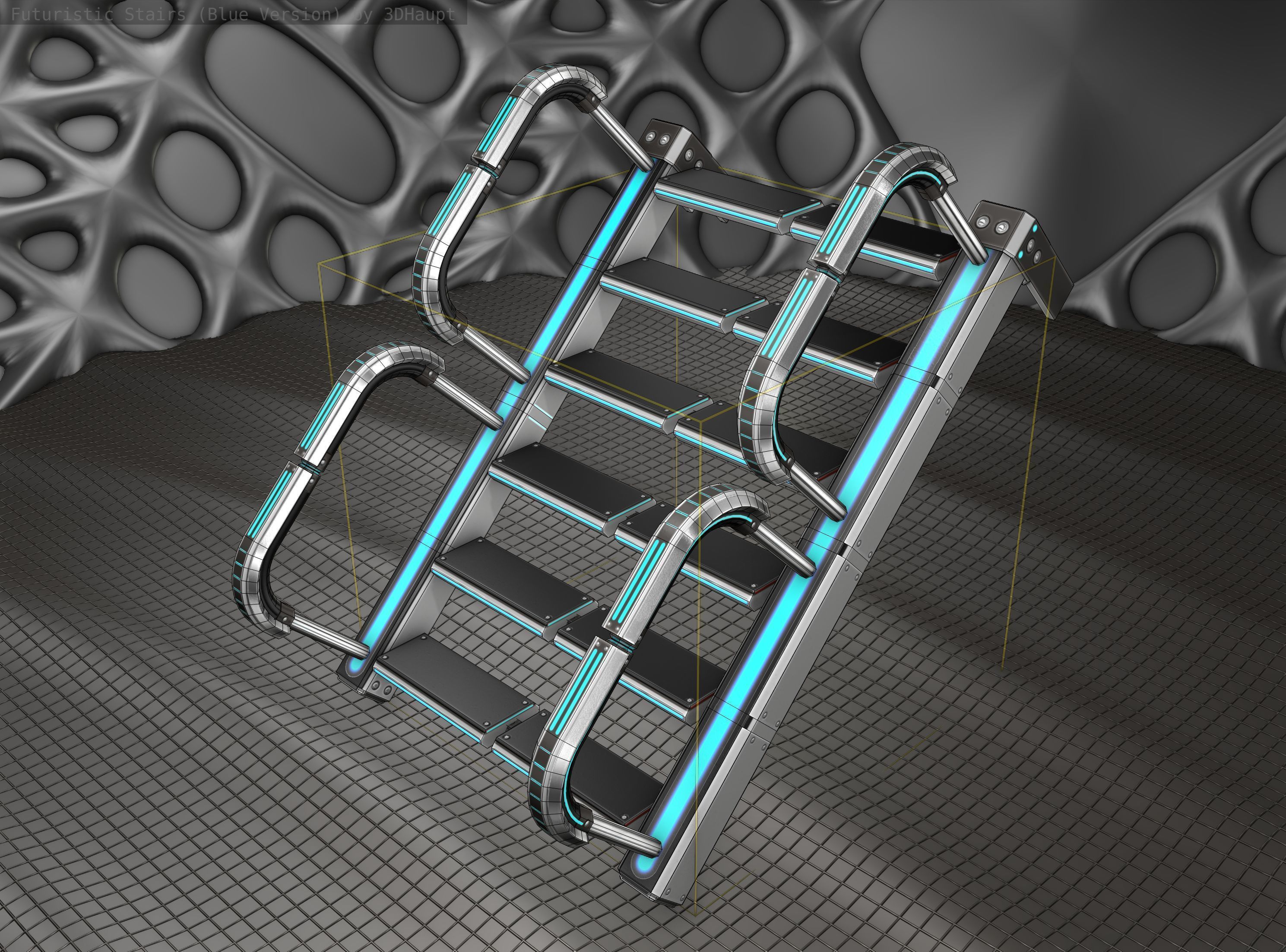 Sci-Fi Stairs - 26- Silver Blue Neon Light Version Low-poly 3D model_9