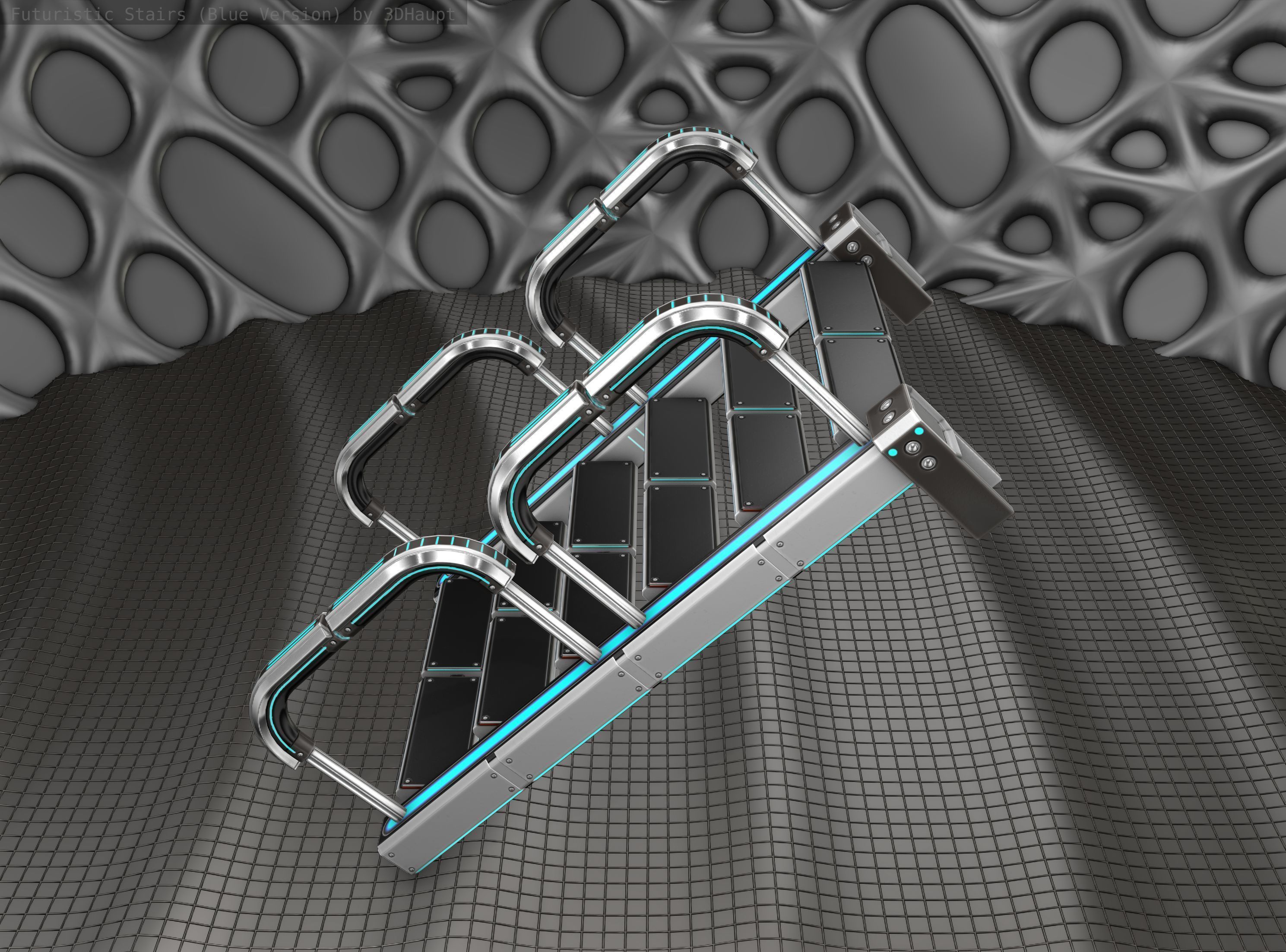 Sci-Fi Stairs - 26- Silver Blue Neon Light Version Low-poly 3D model_2
