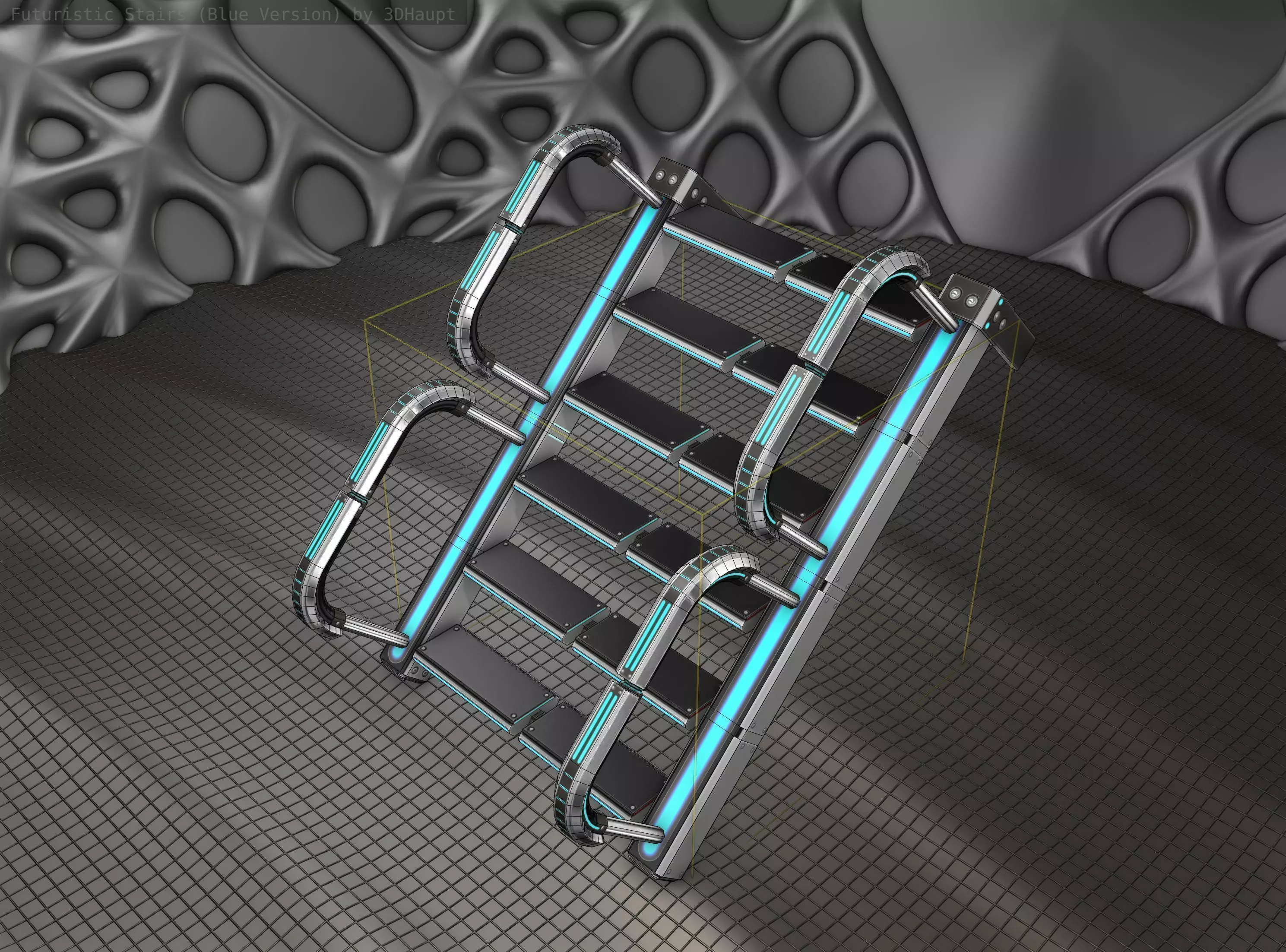 Sci-Fi Stairs - 26- Silver Blue Neon Light Version Low-poly 3D model_0
