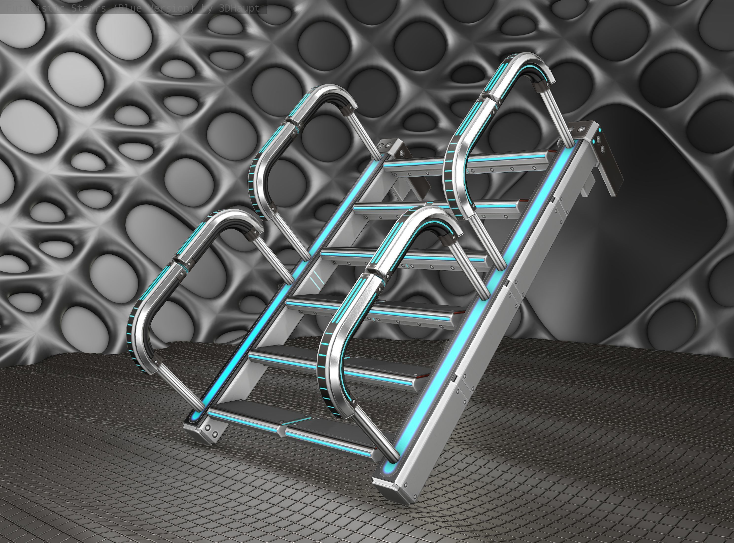 Sci-Fi Stairs - 26- Silver Blue Neon Light Version Low-poly 3D model_10