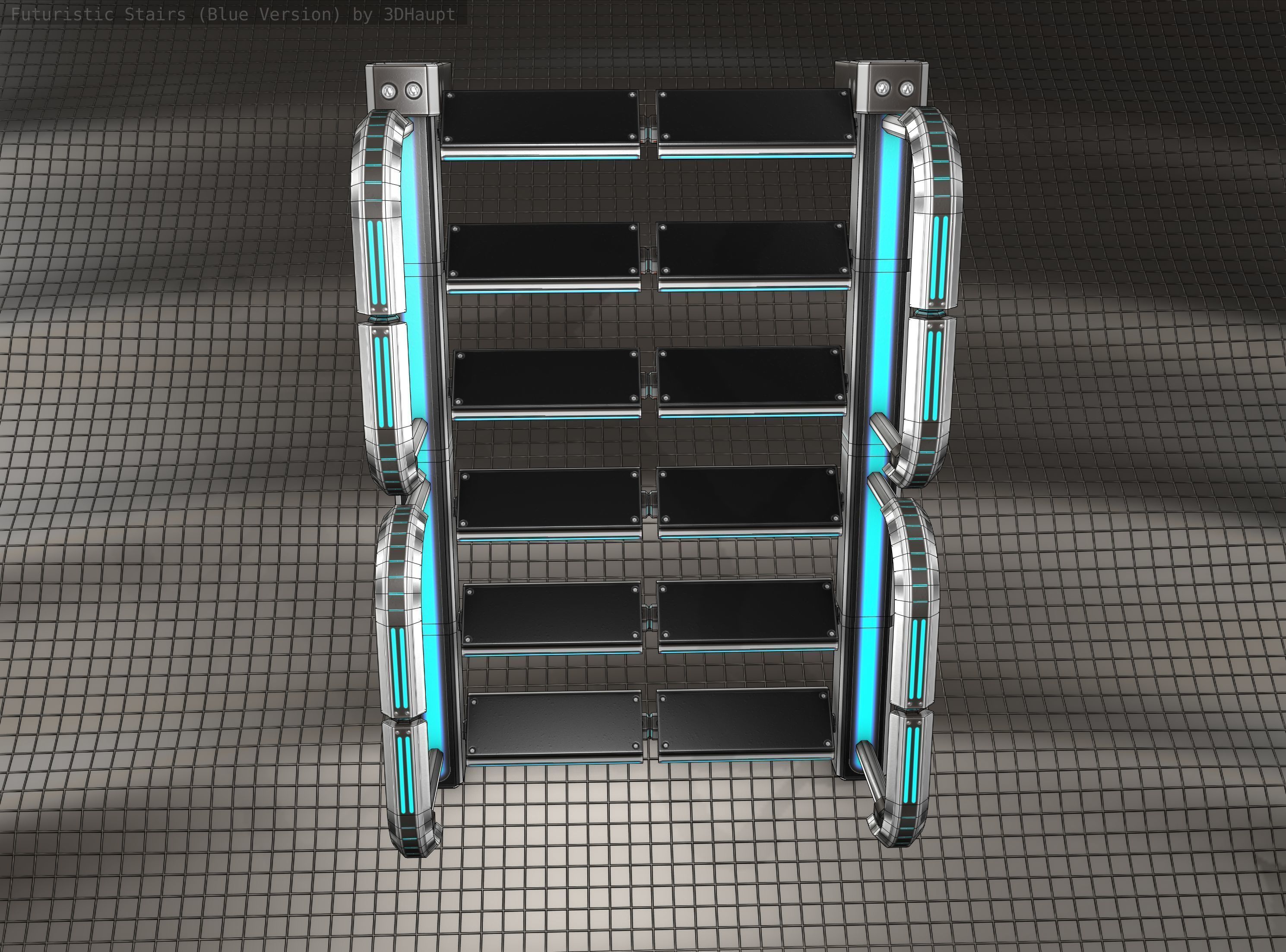 Sci-Fi Stairs - 26- Silver Blue Neon Light Version Low-poly 3D model_16