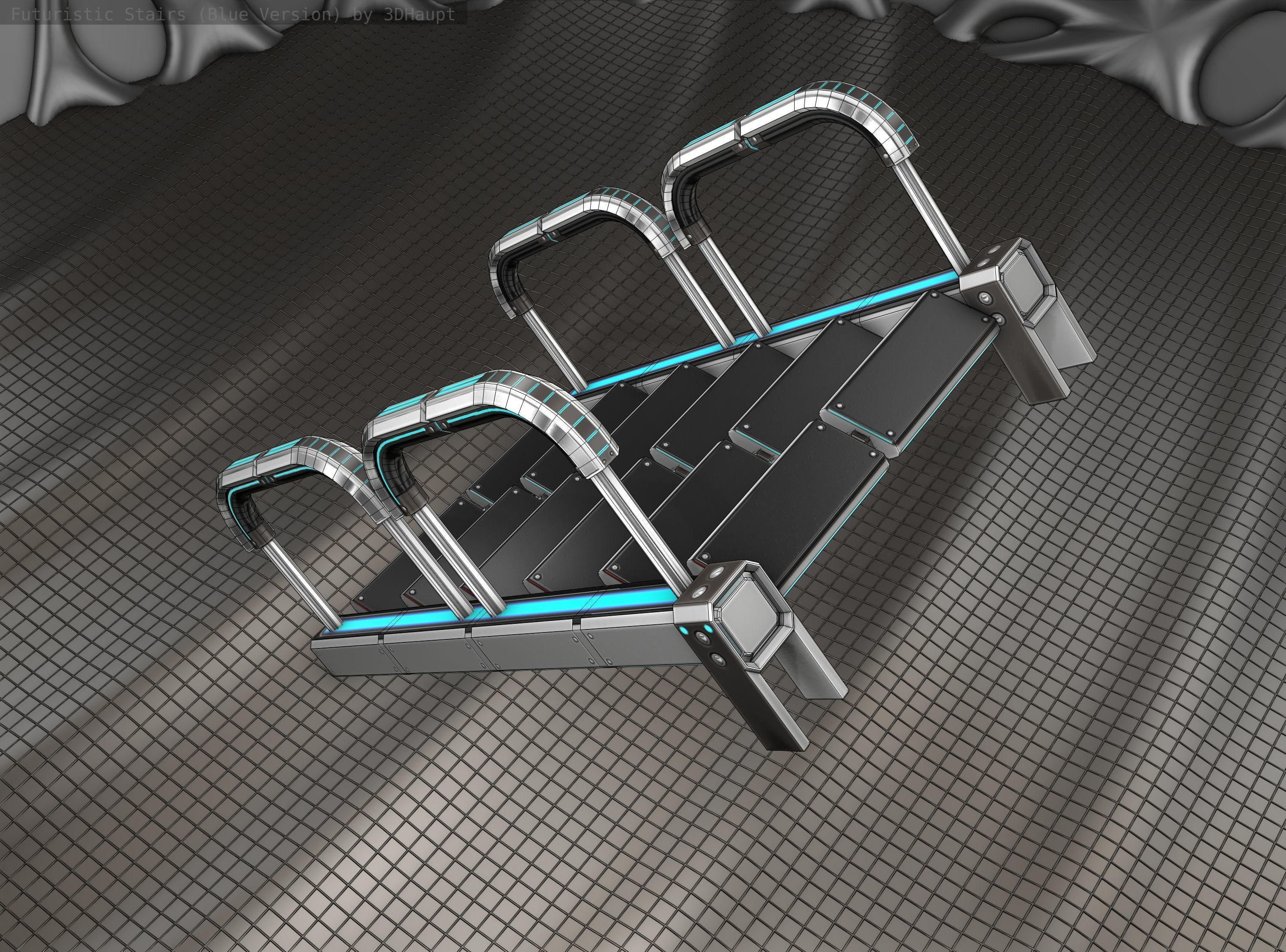 Sci-Fi Stairs - 26- Silver Blue Neon Light Version Low-poly 3D model_18
