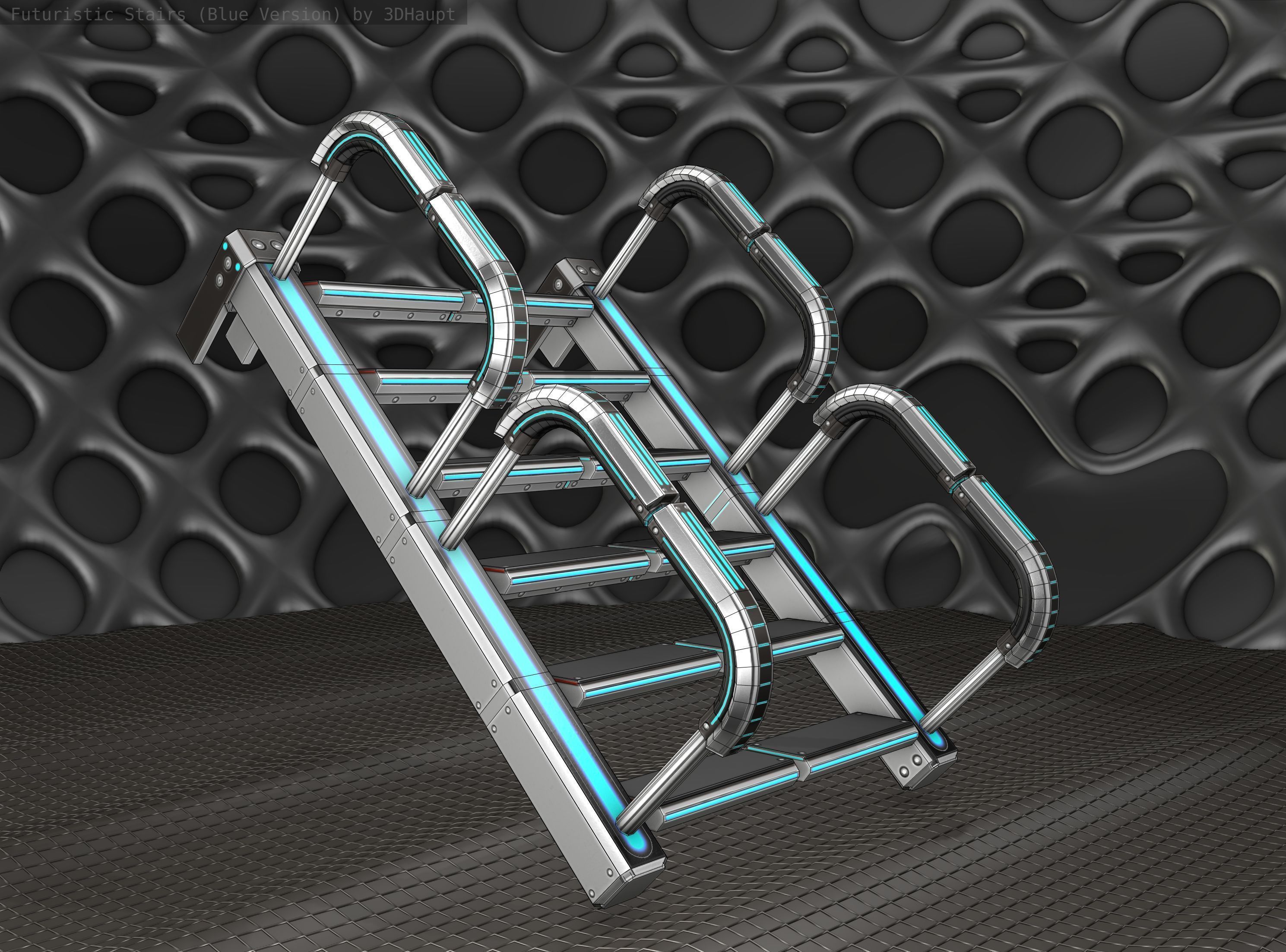 Sci-Fi Stairs - 26- Silver Blue Neon Light Version Low-poly 3D model_14