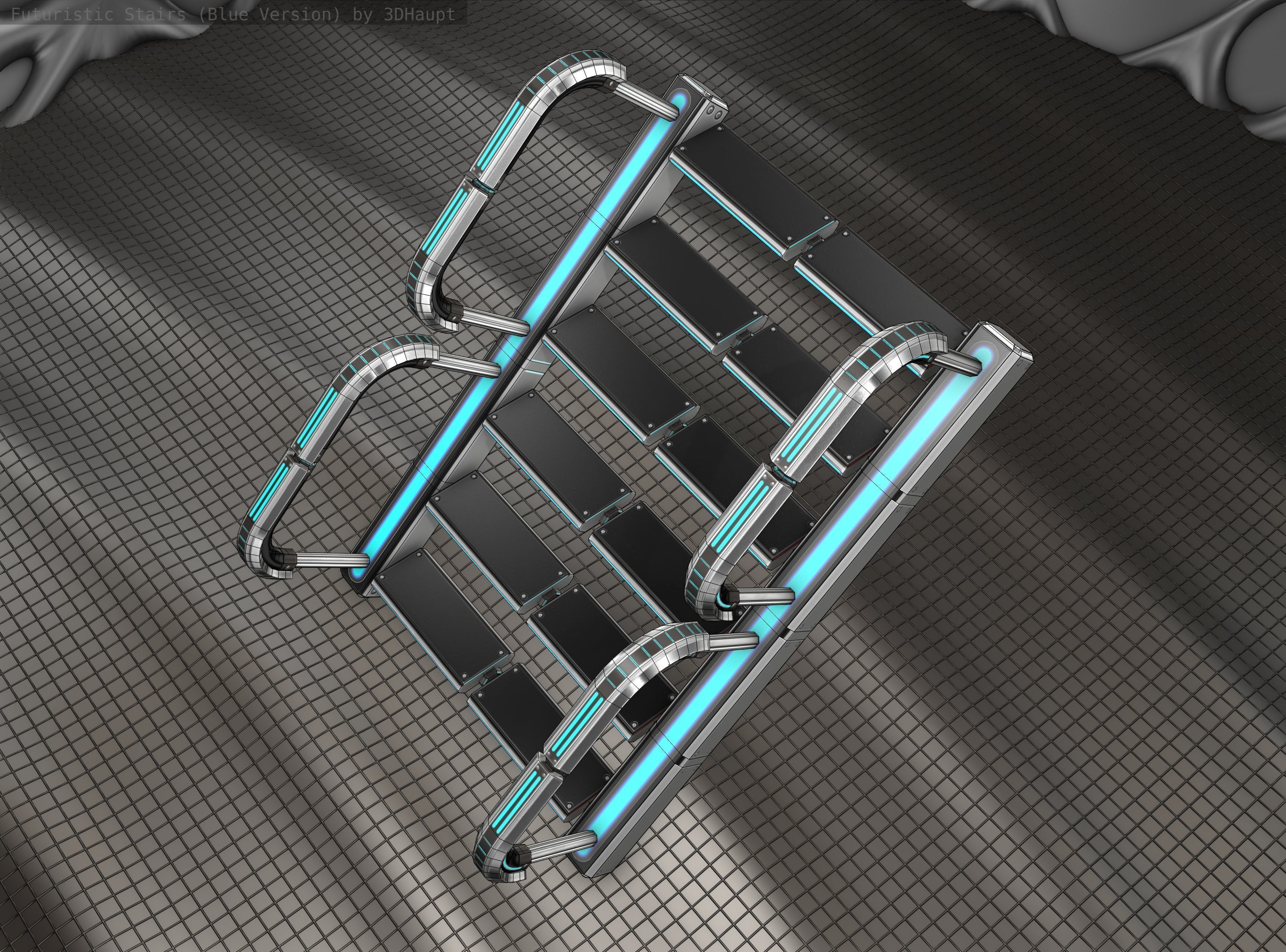 Sci-Fi Stairs - 27 - Silver Blue Neon Light Version Low-poly 3D model_17