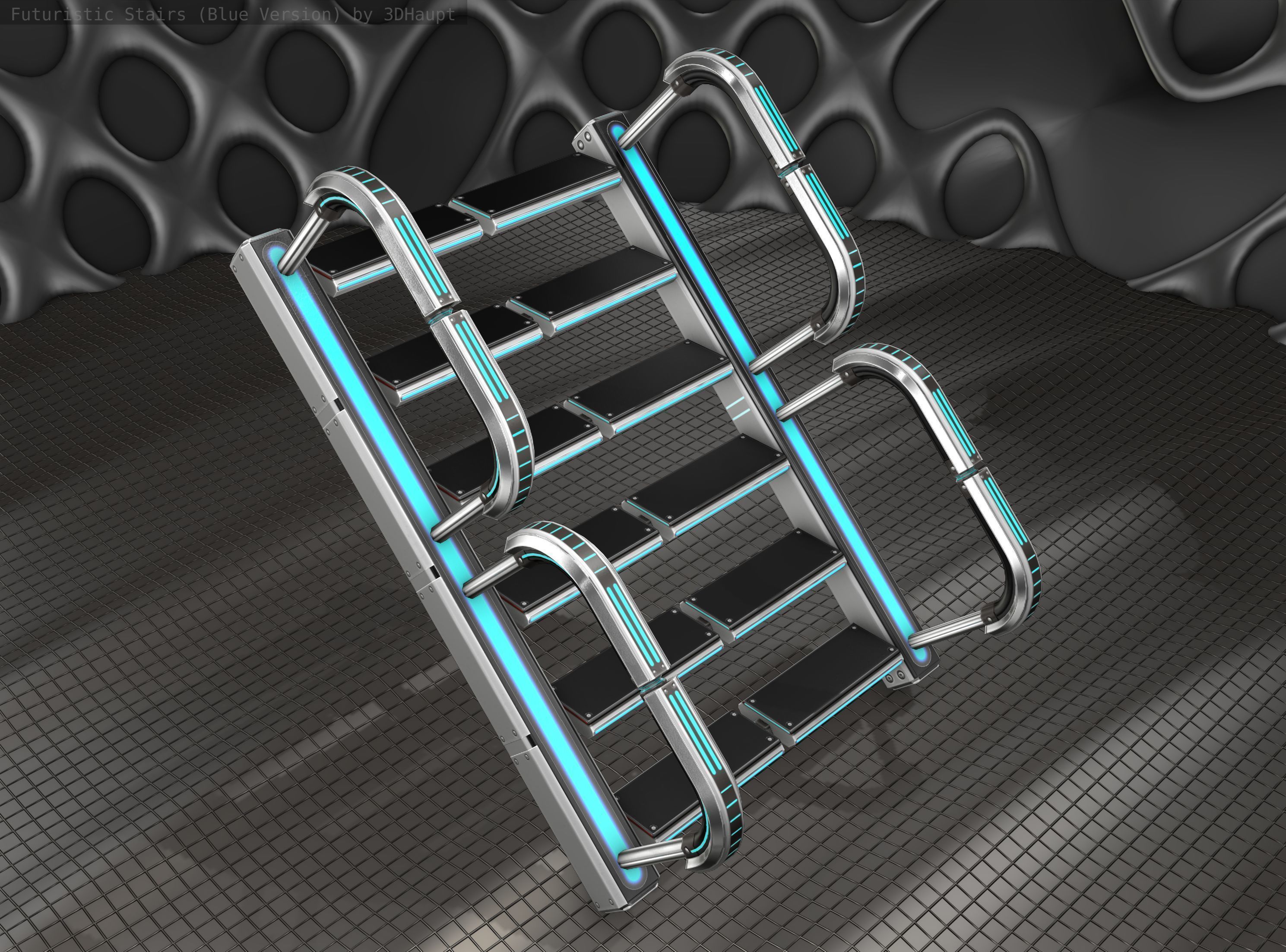Sci-Fi Stairs - 27 - Silver Blue Neon Light Version Low-poly 3D model_8