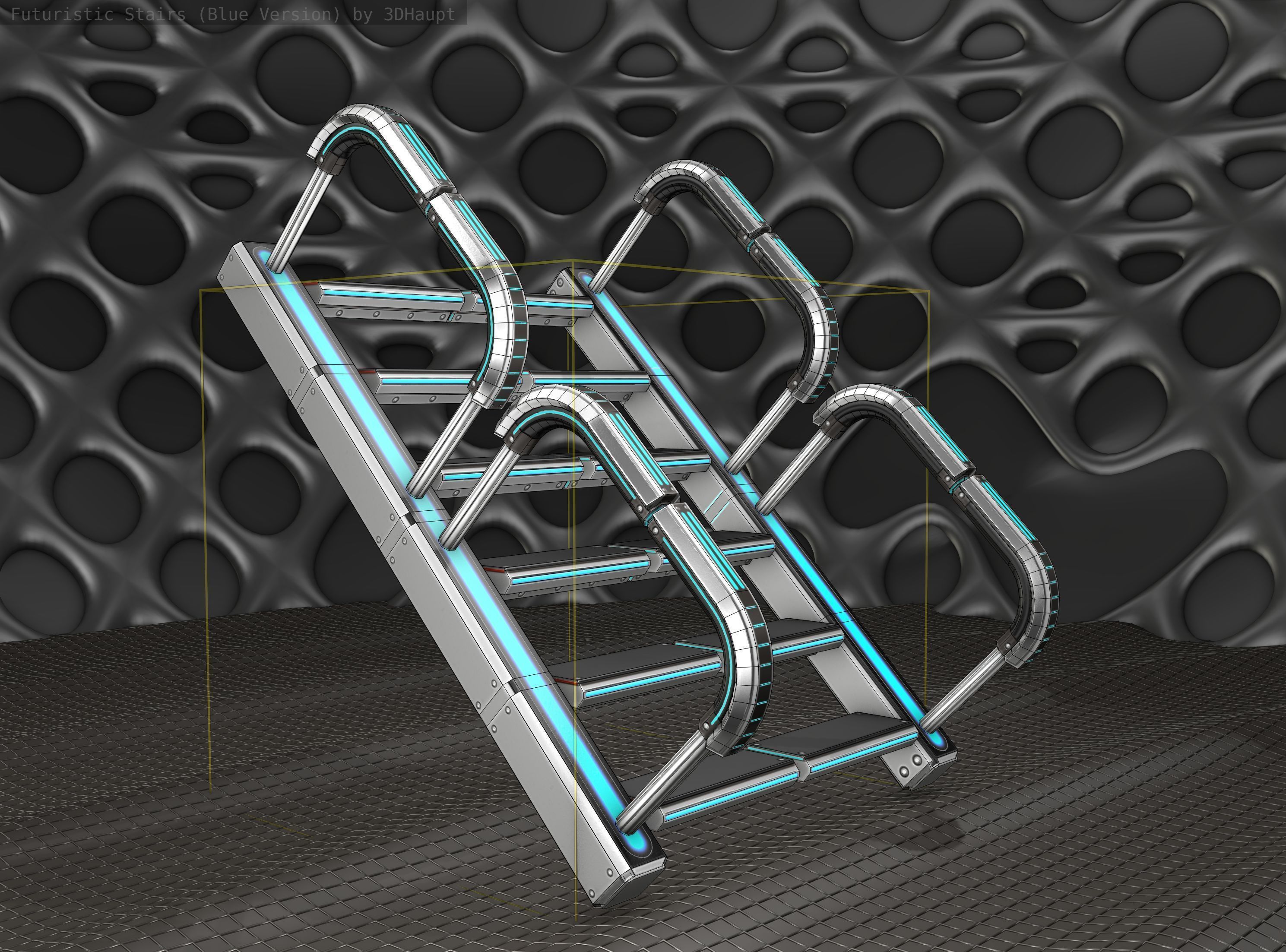 Sci-Fi Stairs - 27 - Silver Blue Neon Light Version Low-poly 3D model_14
