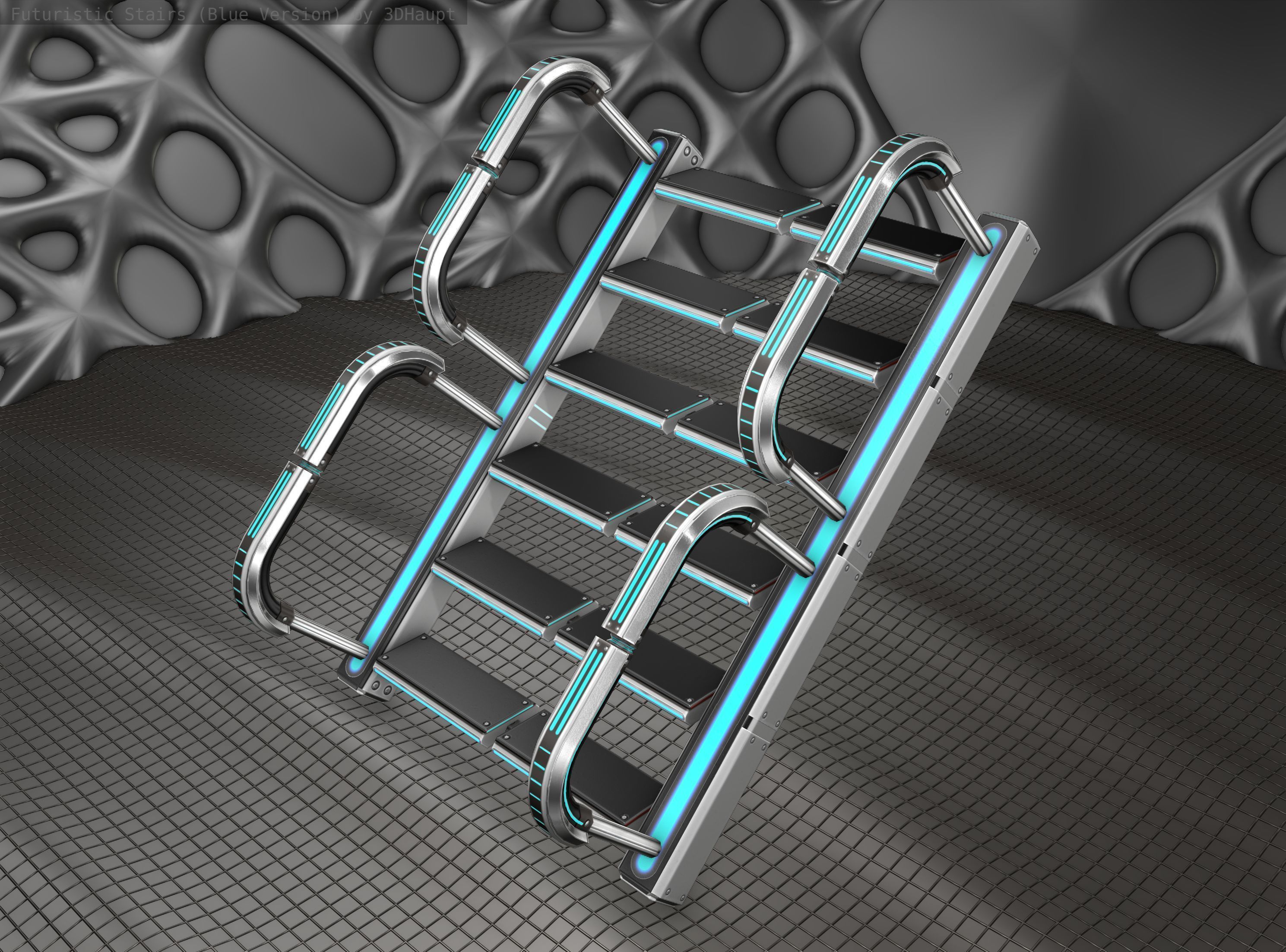 Sci-Fi Stairs - 27 - Silver Blue Neon Light Version Low-poly 3D model_10