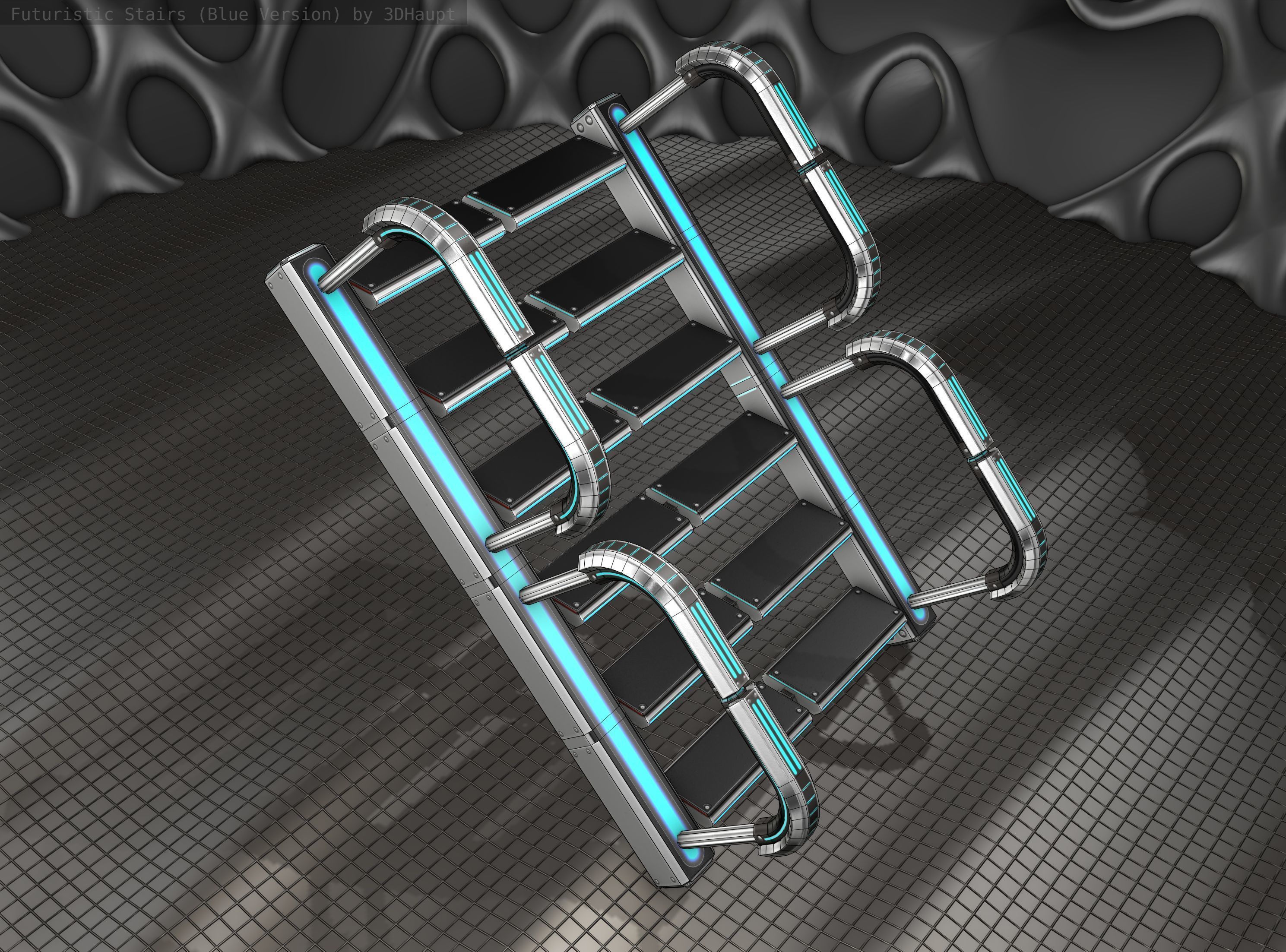 Sci-Fi Stairs - 27 - Silver Blue Neon Light Version Low-poly 3D model_21