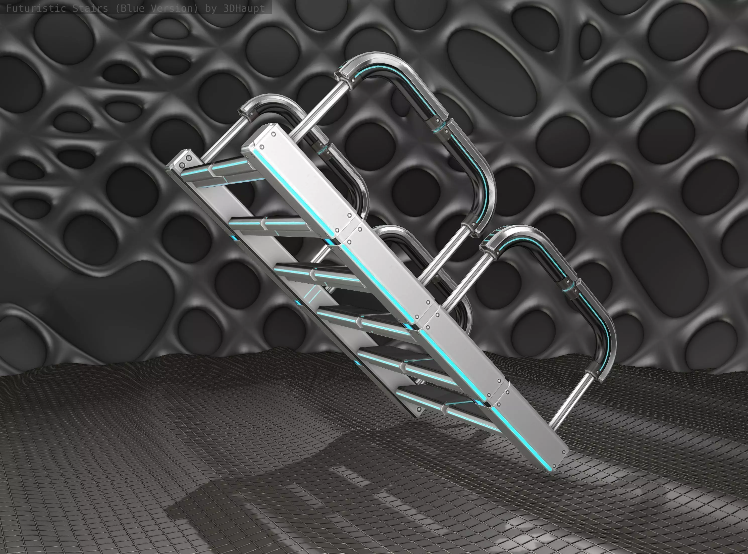 Sci-Fi Stairs - 27 - Silver Blue Neon Light Version Low-poly 3D model_0