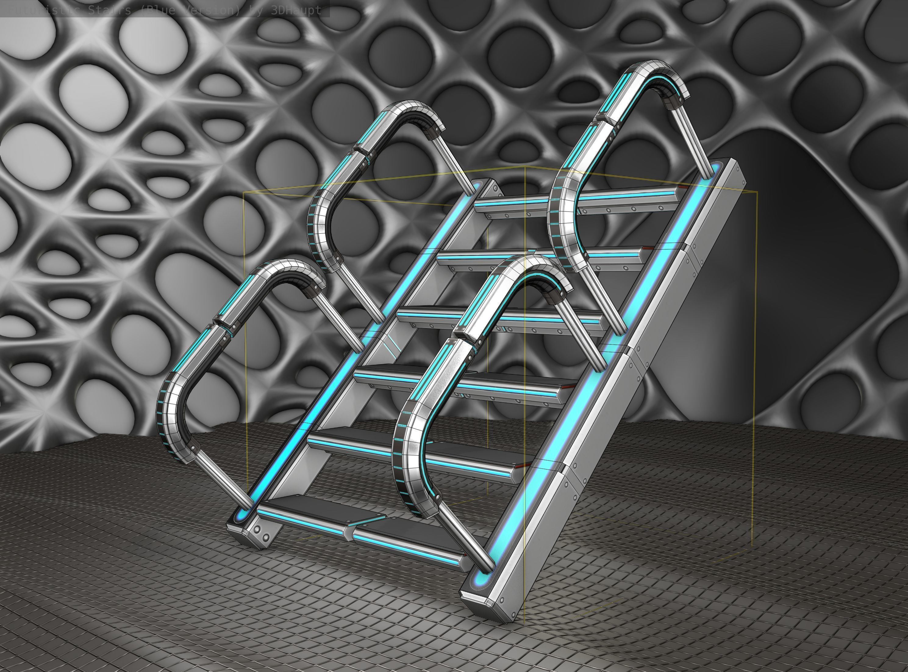 Sci-Fi Stairs - 27 - Silver Blue Neon Light Version Low-poly 3D model_11