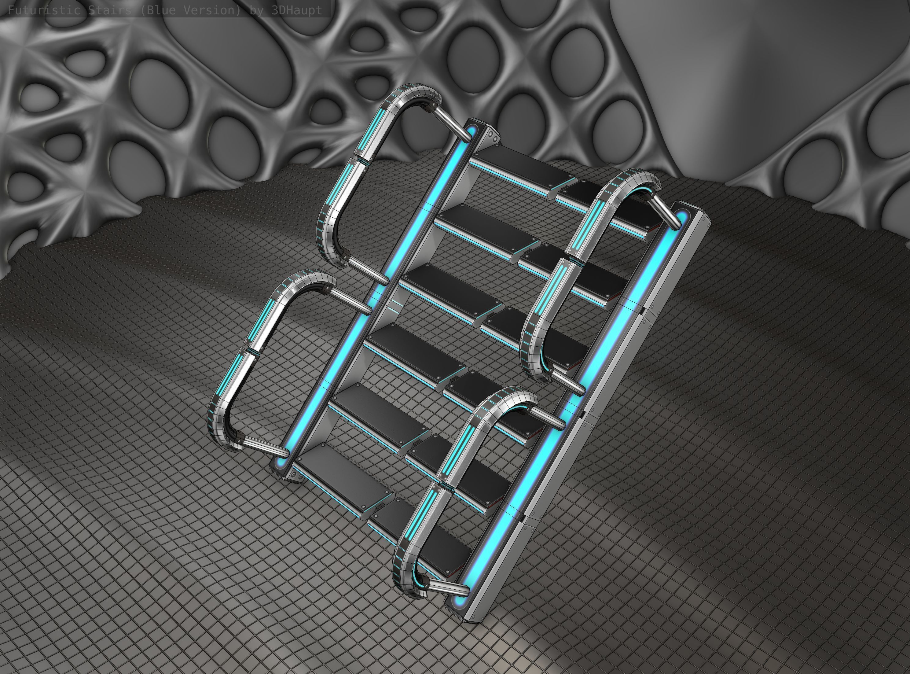 Sci-Fi Stairs - 27 - Silver Blue Neon Light Version Low-poly 3D model_2