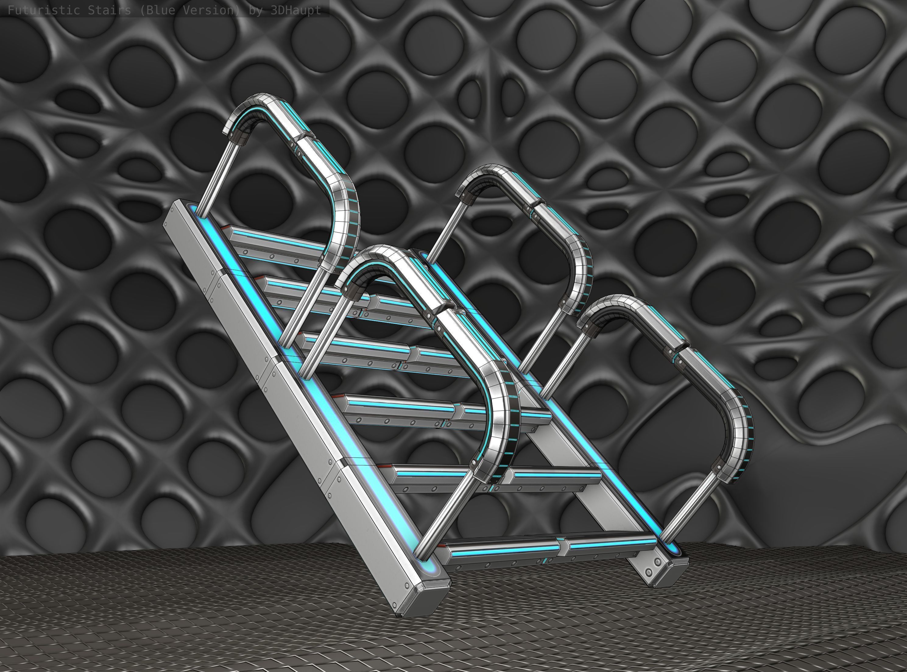 Sci-Fi Stairs - 27 - Silver Blue Neon Light Version Low-poly 3D model_23
