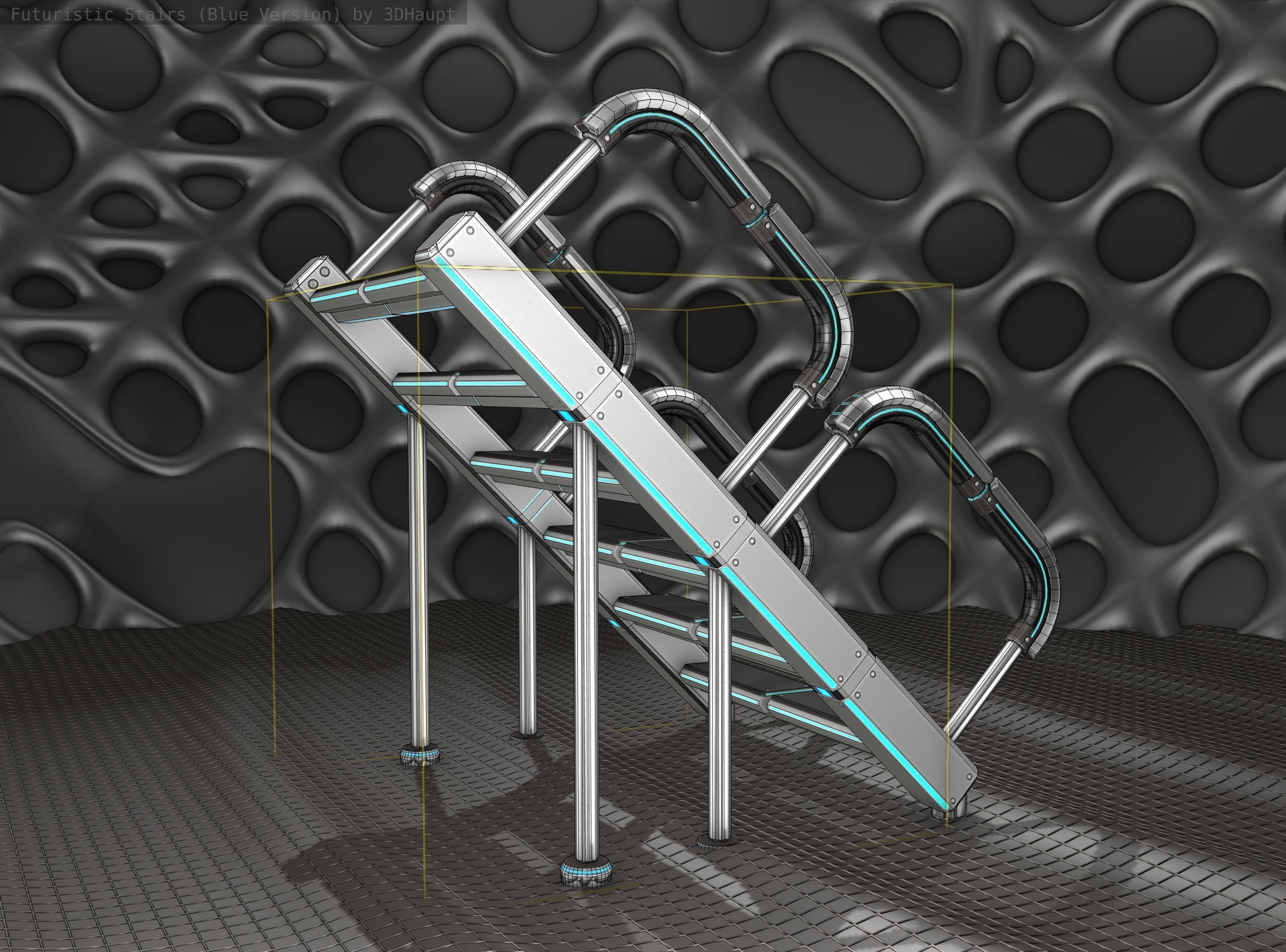Sci-Fi Stairs - 28 - Silver Blue Neon Light Version Low-poly 3D model_13