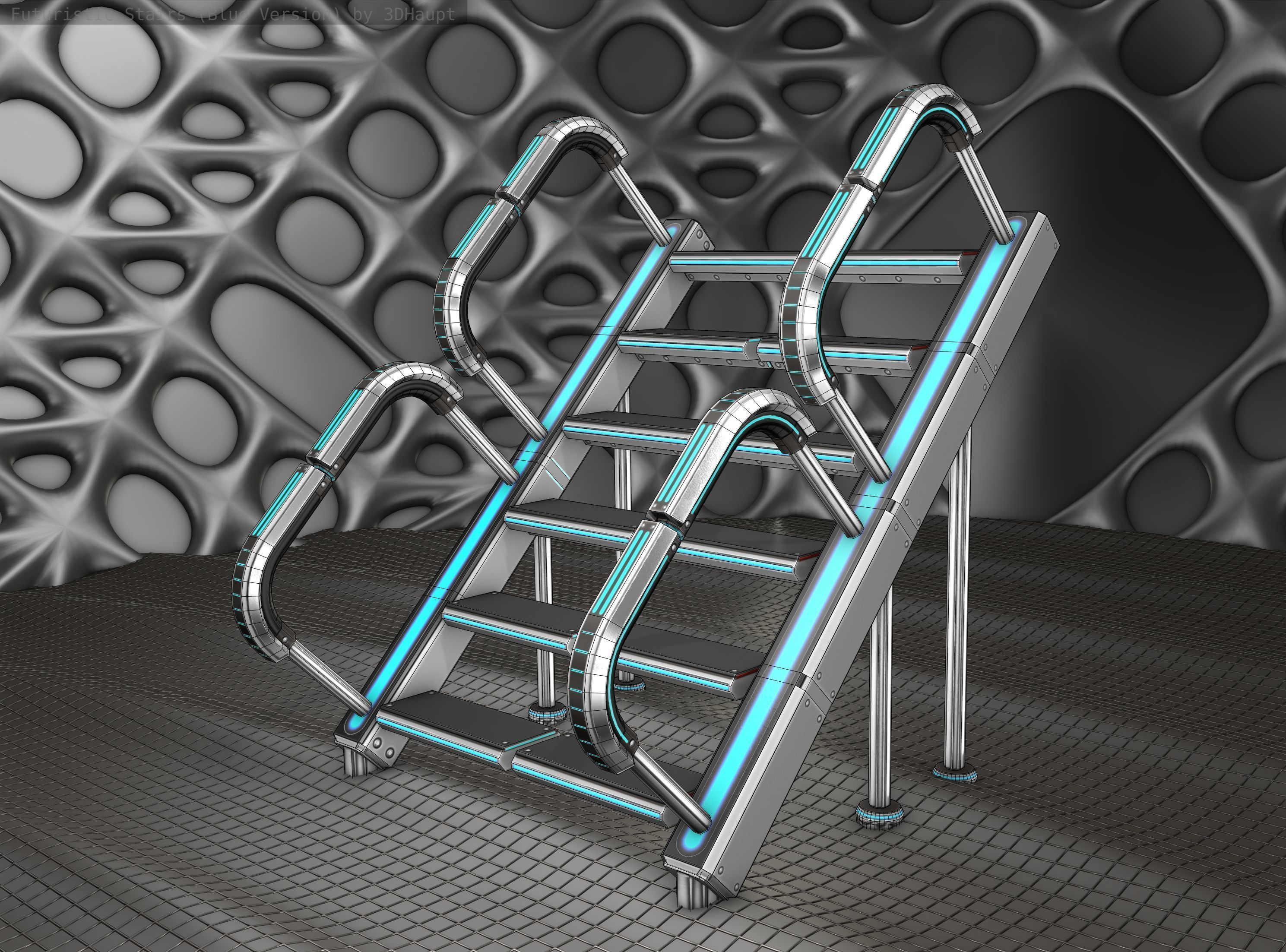 Sci-Fi Stairs - 28 - Silver Blue Neon Light Version Low-poly 3D model_24