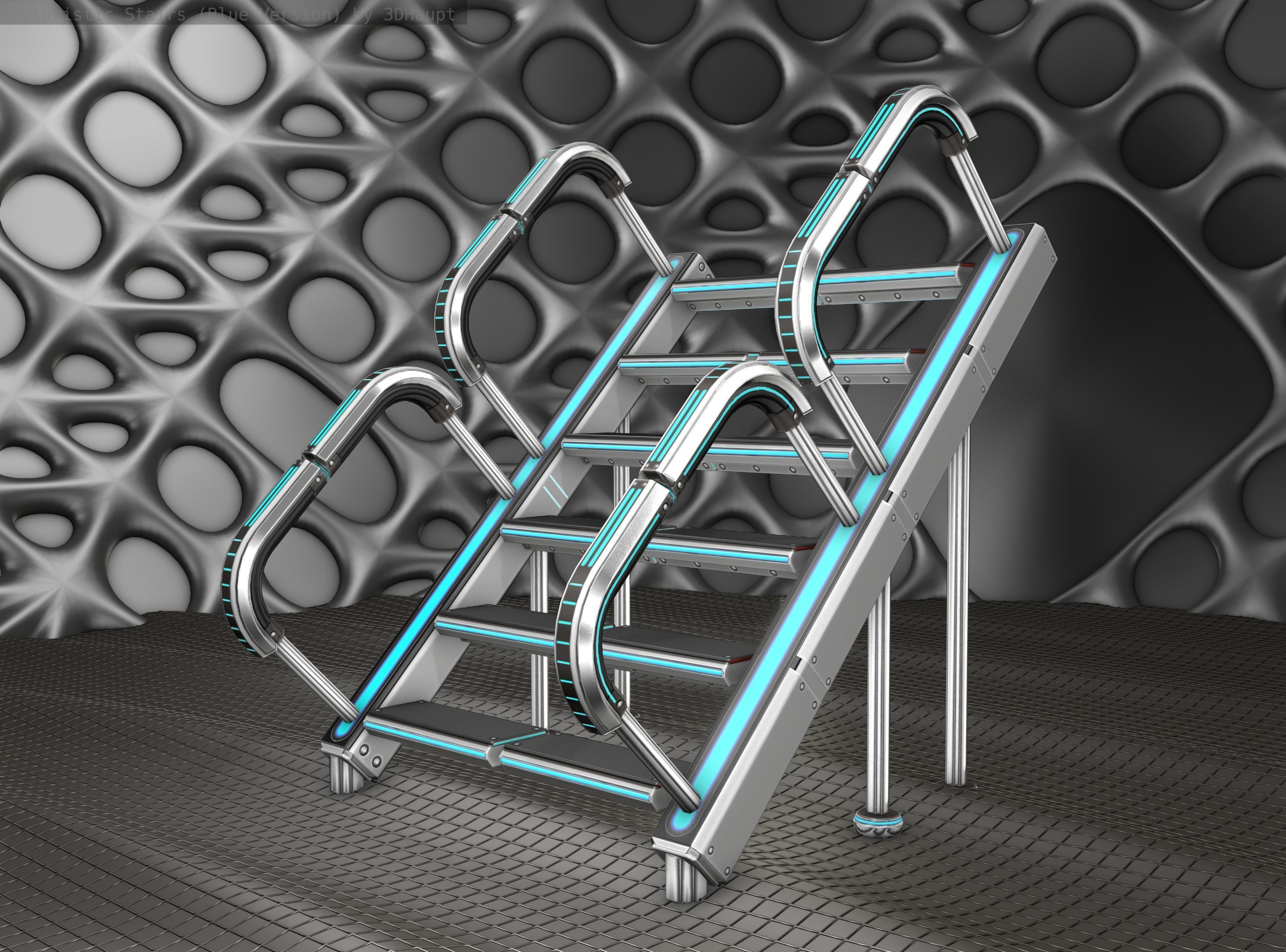 Sci-Fi Stairs - 28 - Silver Blue Neon Light Version Low-poly 3D model_10