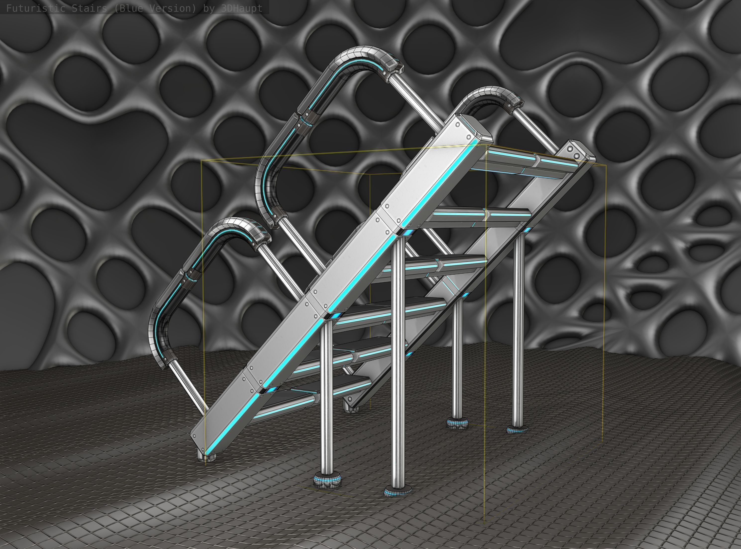 Sci-Fi Stairs - 28 - Silver Blue Neon Light Version Low-poly 3D model_11
