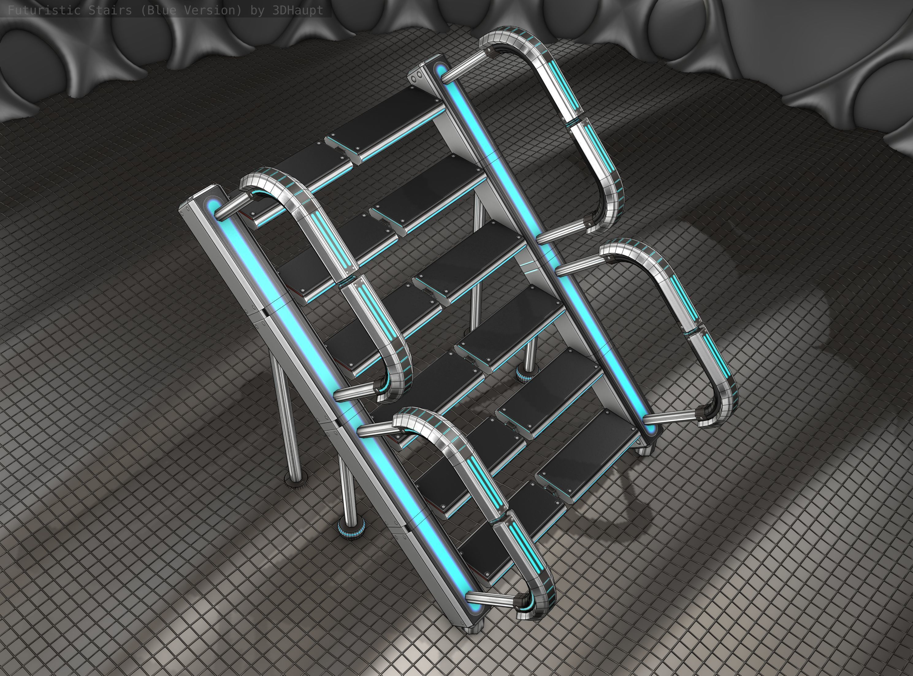 Sci-Fi Stairs - 28 - Silver Blue Neon Light Version Low-poly 3D model_20