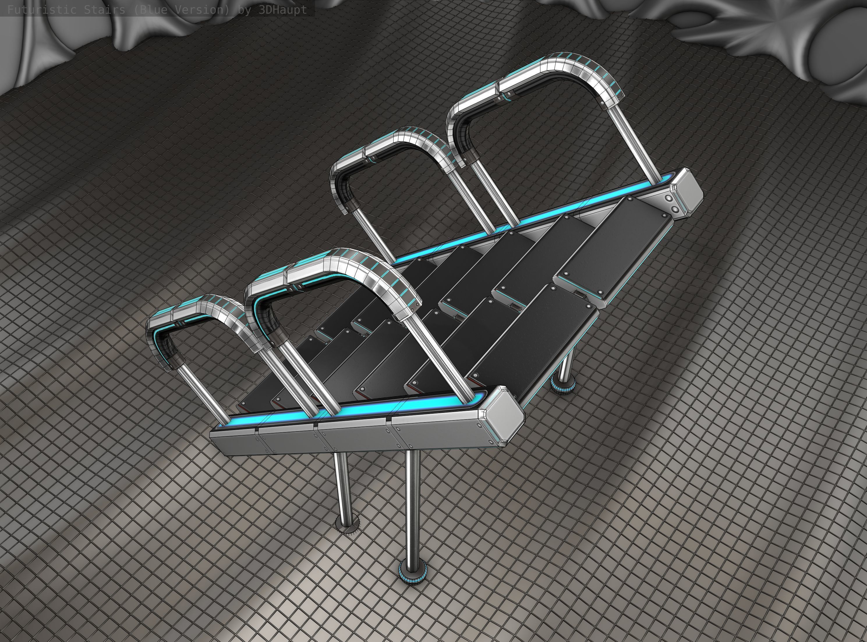 Sci-Fi Stairs - 28 - Silver Blue Neon Light Version Low-poly 3D model_18