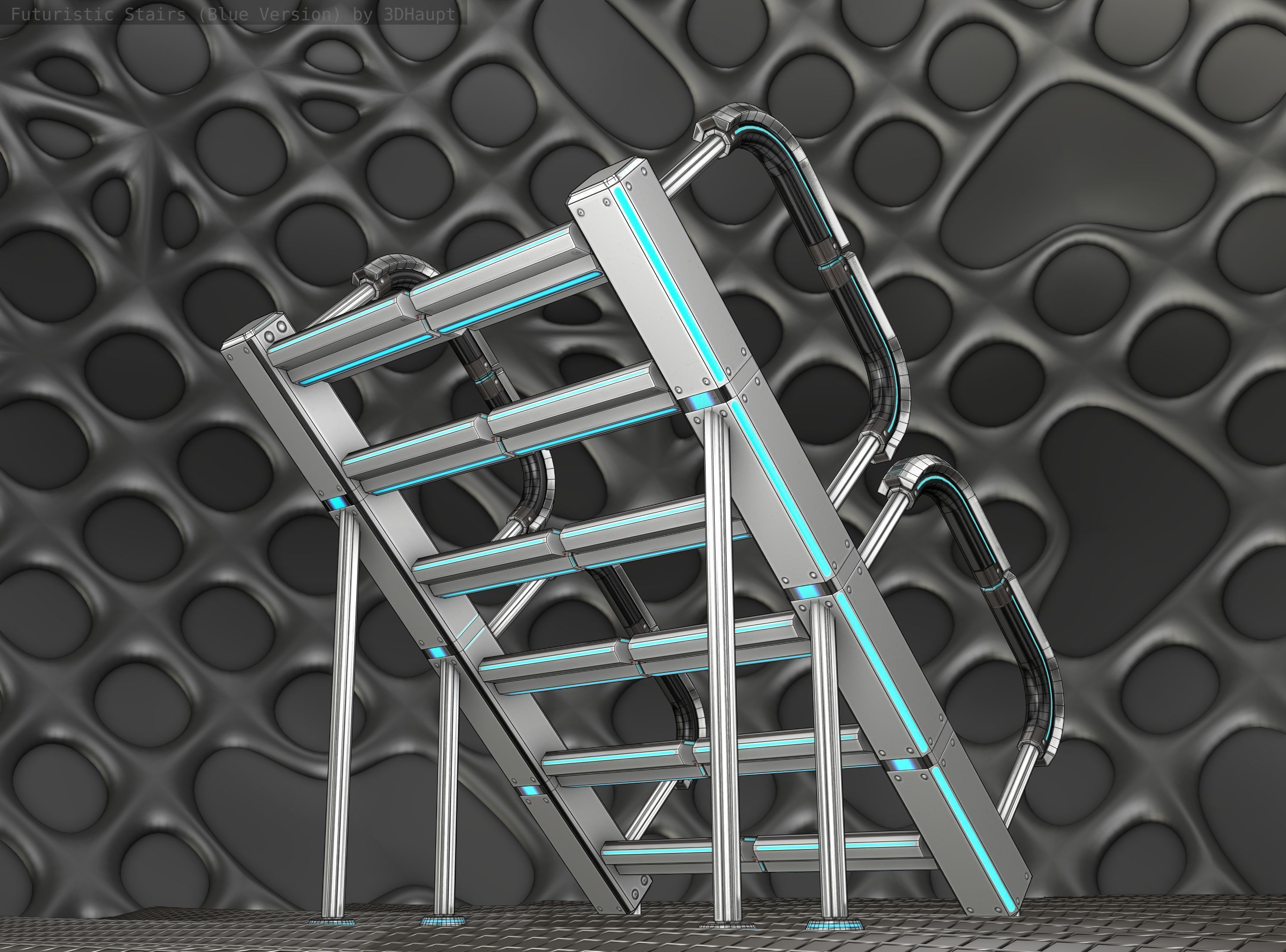 Sci-Fi Stairs - 28 - Silver Blue Neon Light Version Low-poly 3D model_22