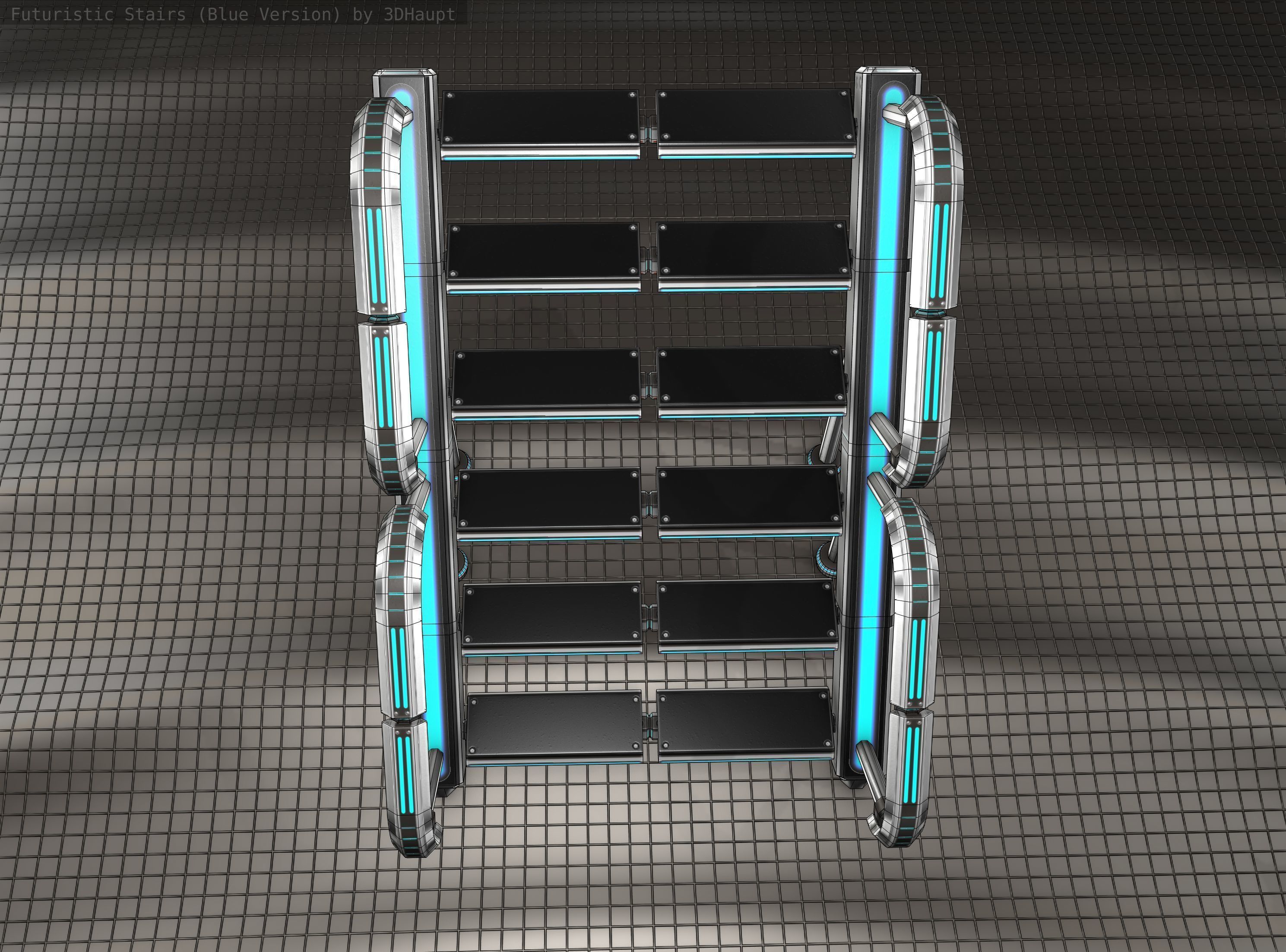 Sci-Fi Stairs - 28 - Silver Blue Neon Light Version Low-poly 3D model_16