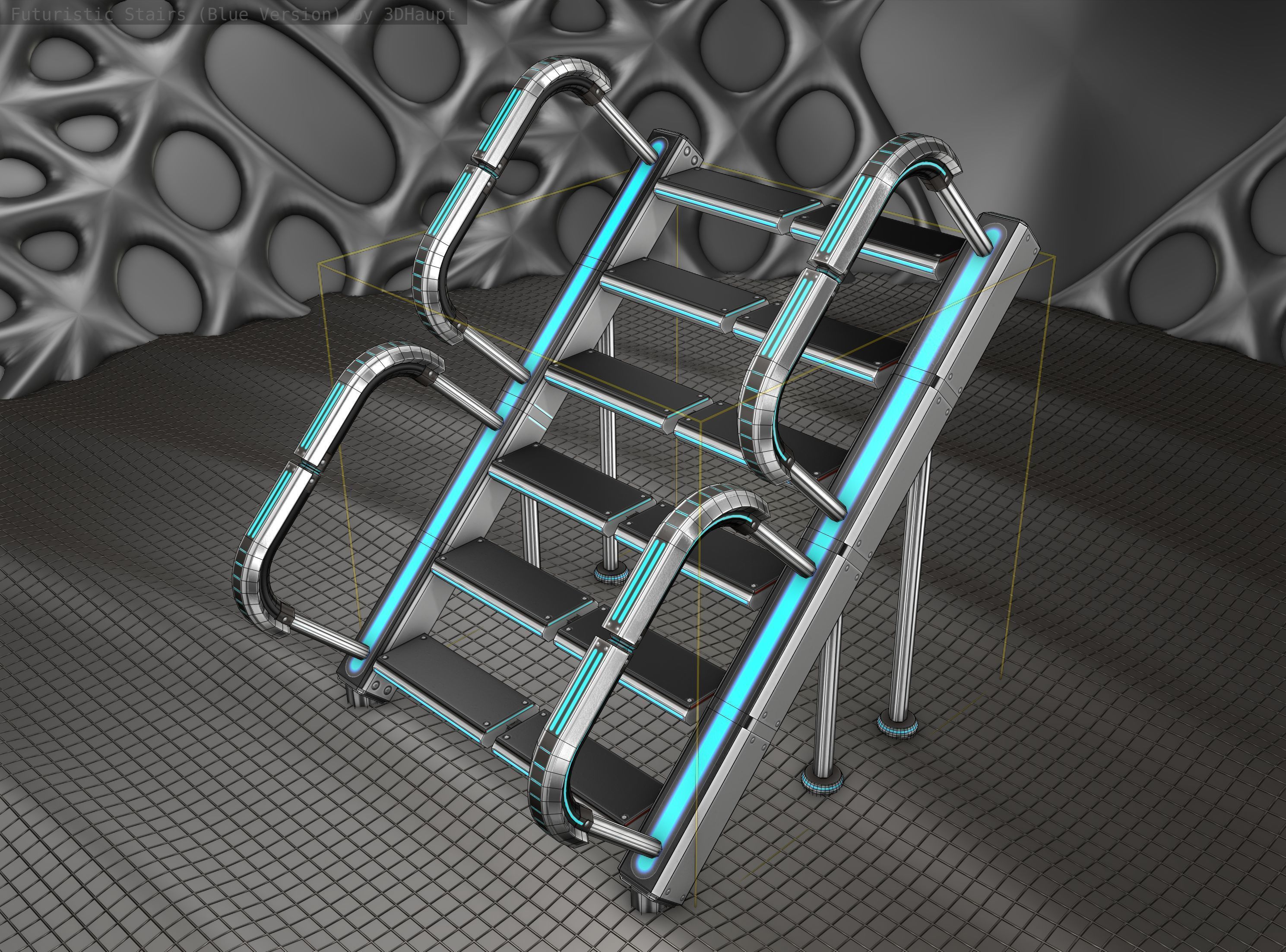 Sci-Fi Stairs - 28 - Silver Blue Neon Light Version Low-poly 3D model_9