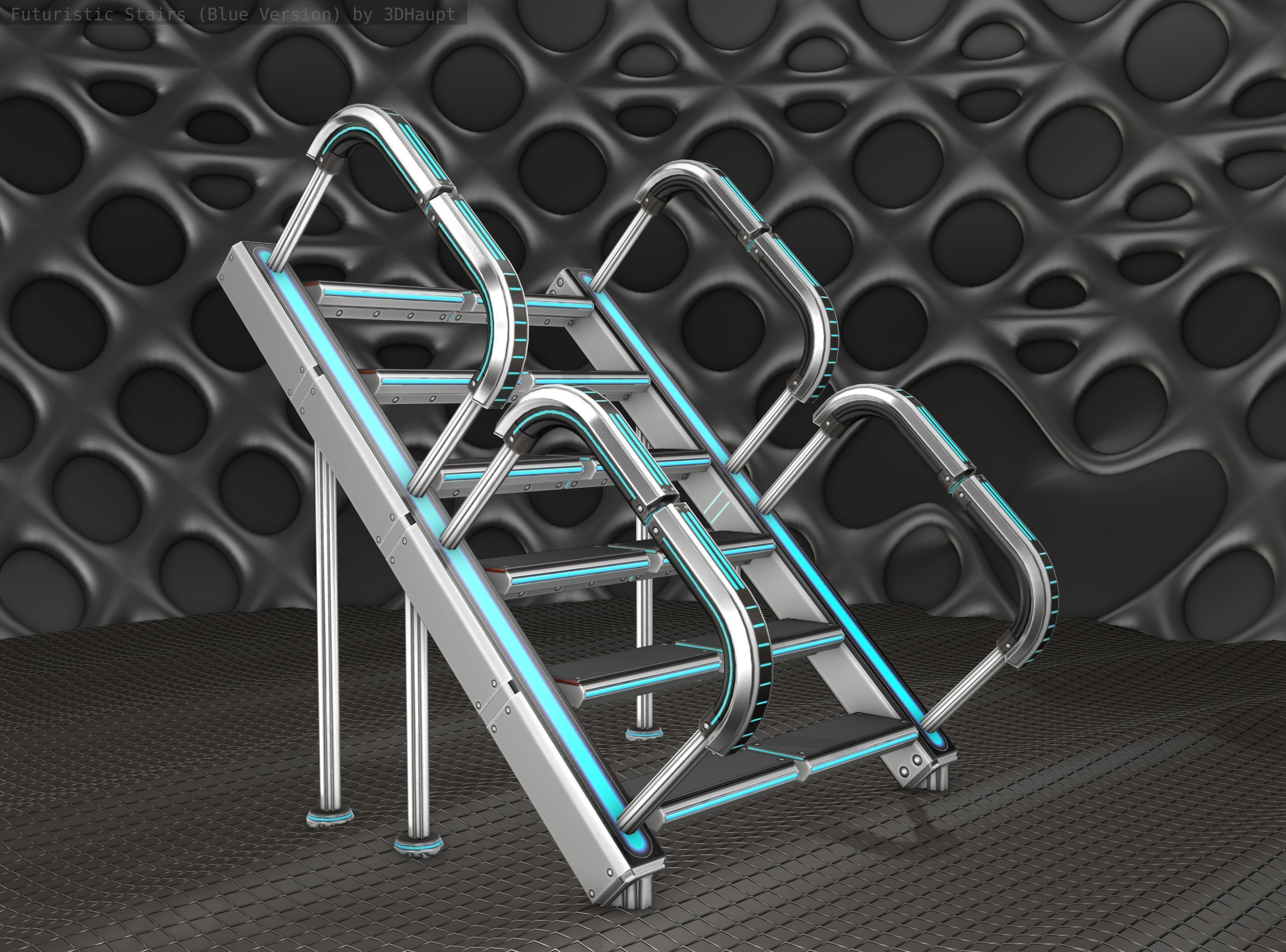 Sci-Fi Stairs - 28 - Silver Blue Neon Light Version Low-poly 3D model_14