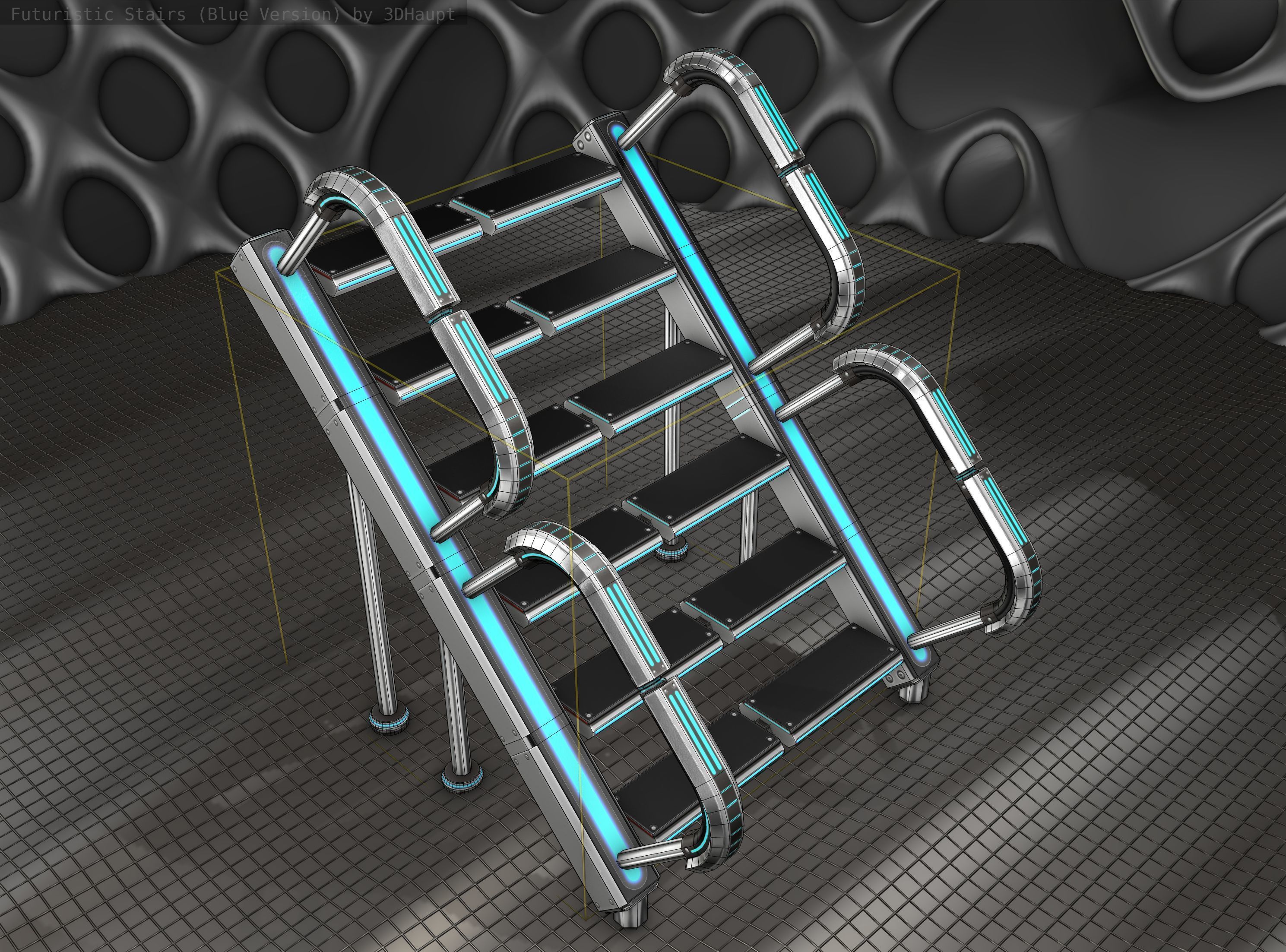 Sci-Fi Stairs - 28 - Silver Blue Neon Light Version Low-poly 3D model_7
