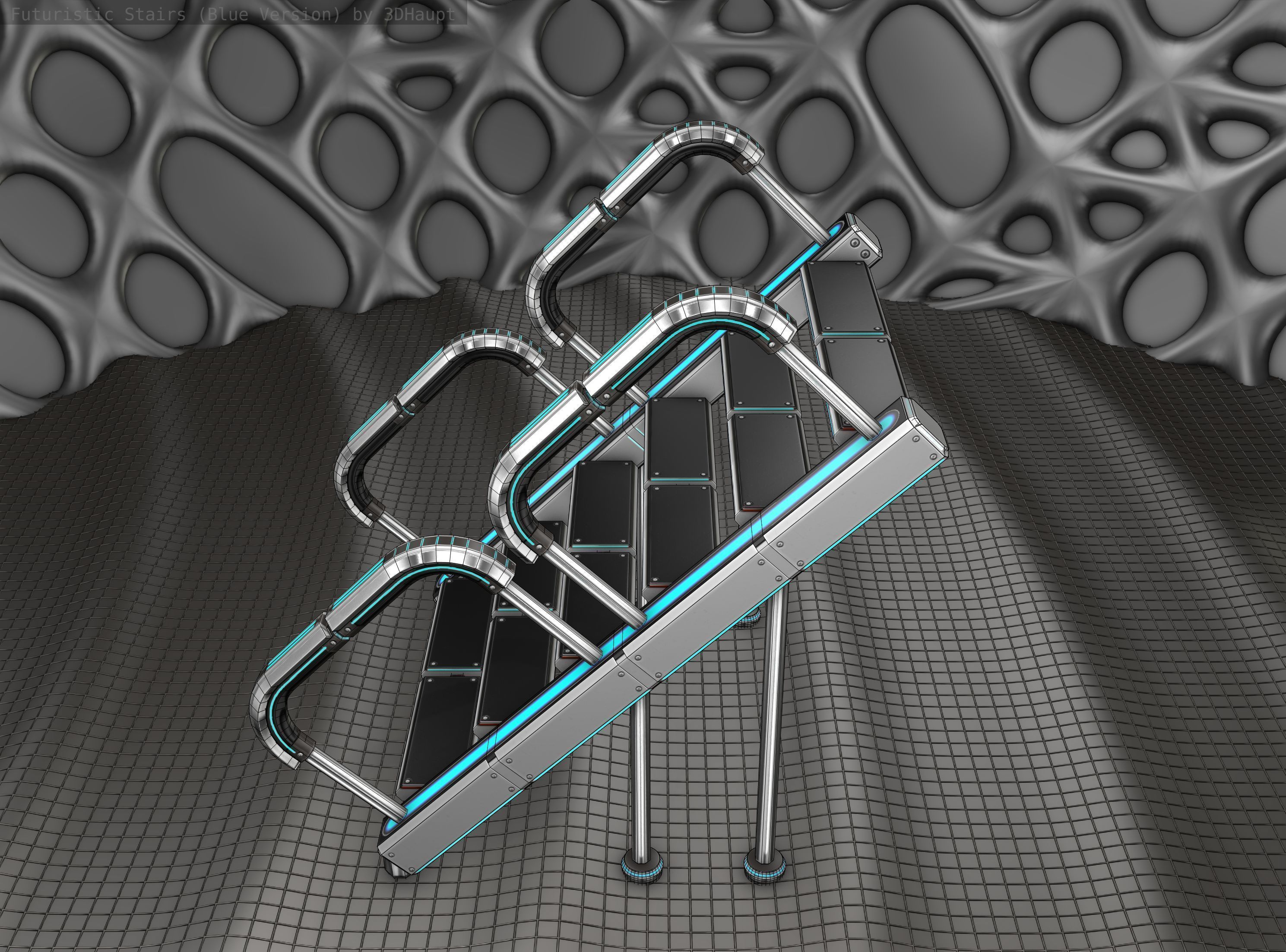 Sci-Fi Stairs - 28 - Silver Blue Neon Light Version Low-poly 3D model_2