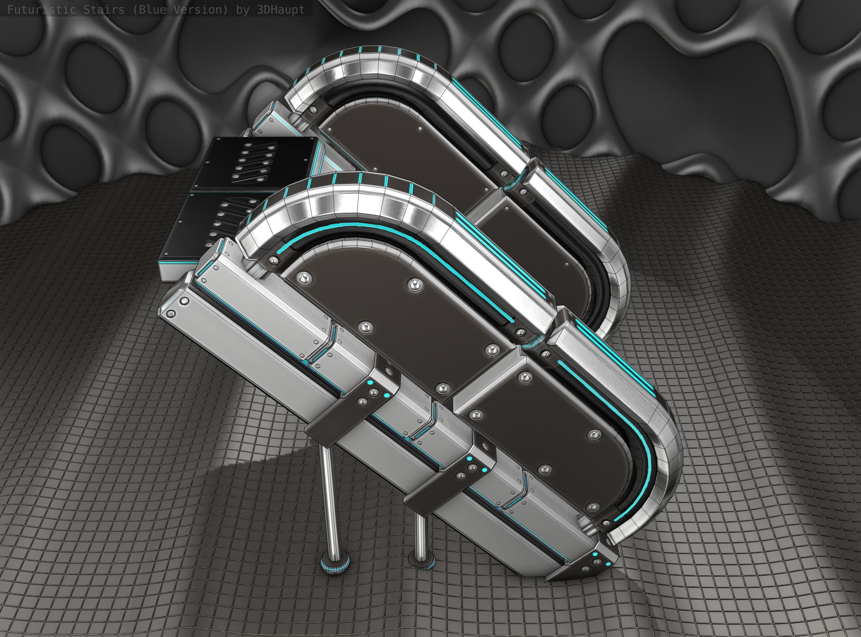 Sci-Fi Stairs - 32- Silver Blue Neon Light Version Low-poly 3D model_7