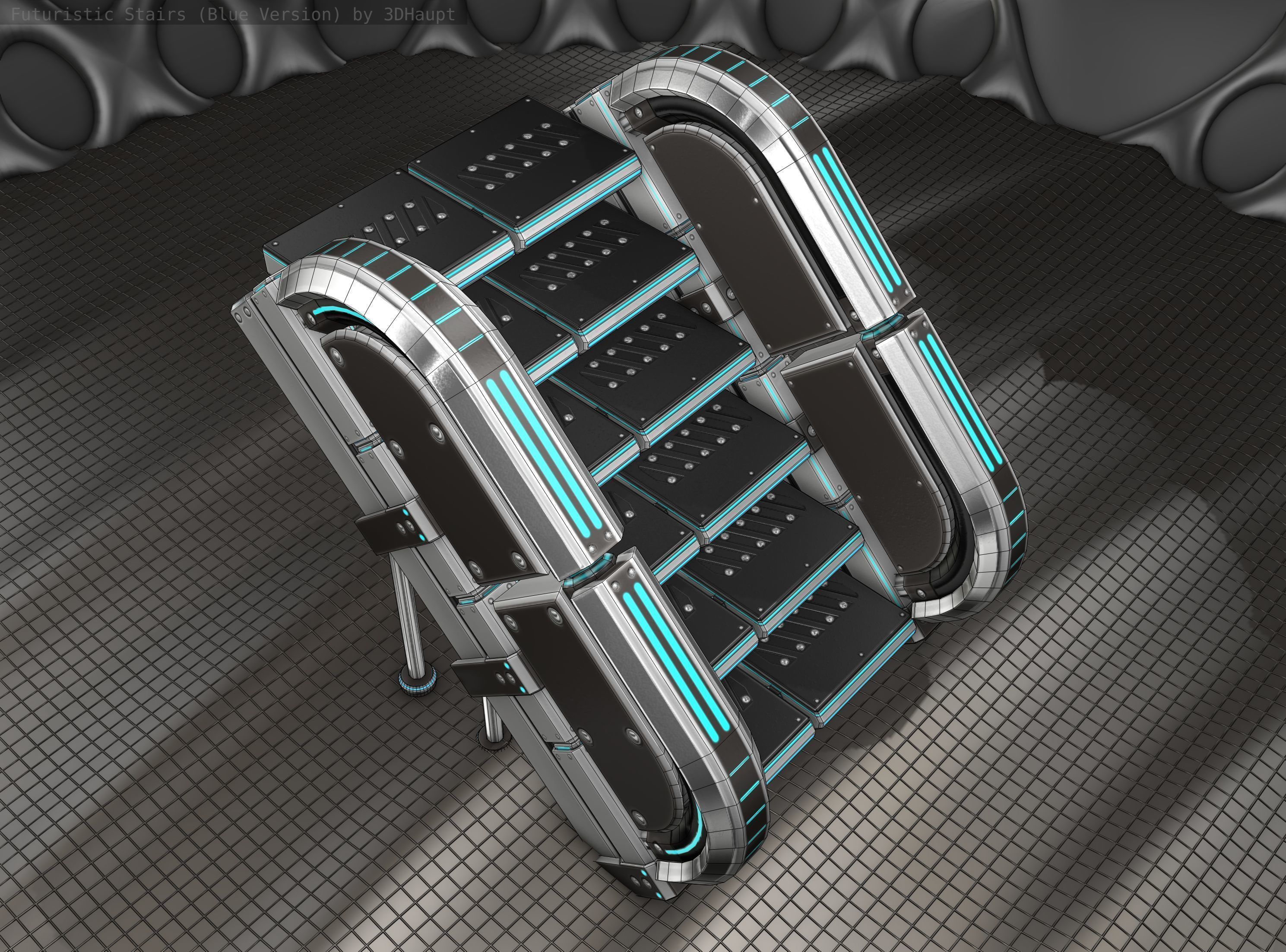 Sci-Fi Stairs - 32- Silver Blue Neon Light Version Low-poly 3D model_20